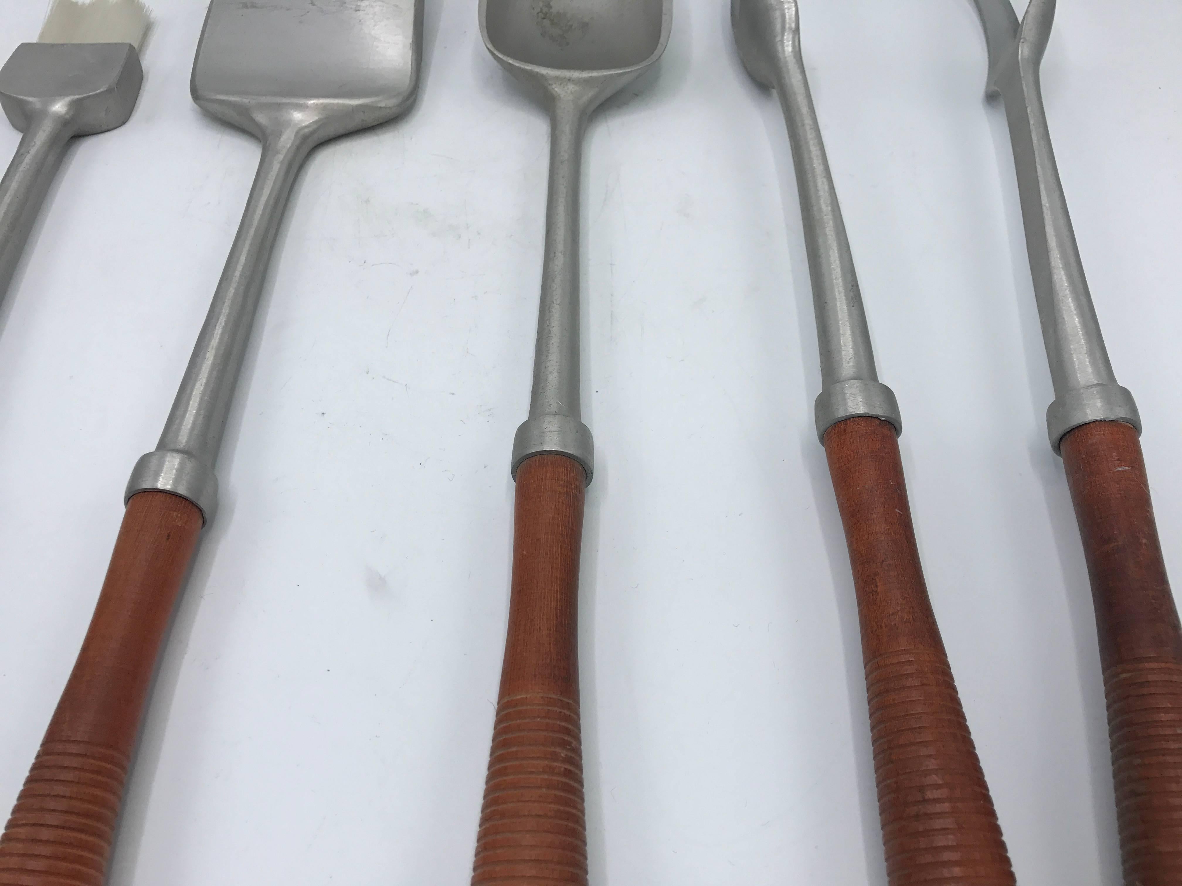 1960s Modern Teak and Aluminum Grill Tools, Set of Five 1