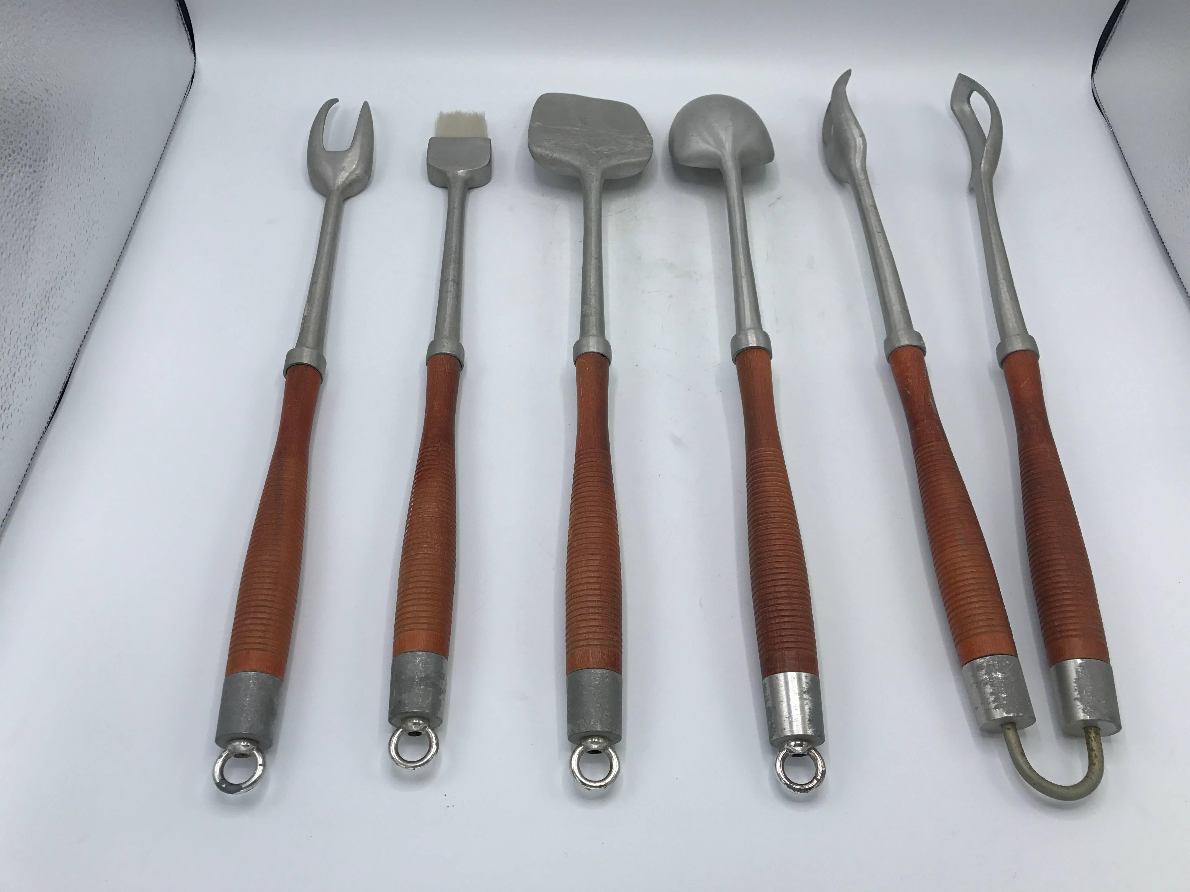1960s Modern Teak and Aluminum Grill Tools, Set of Five 3