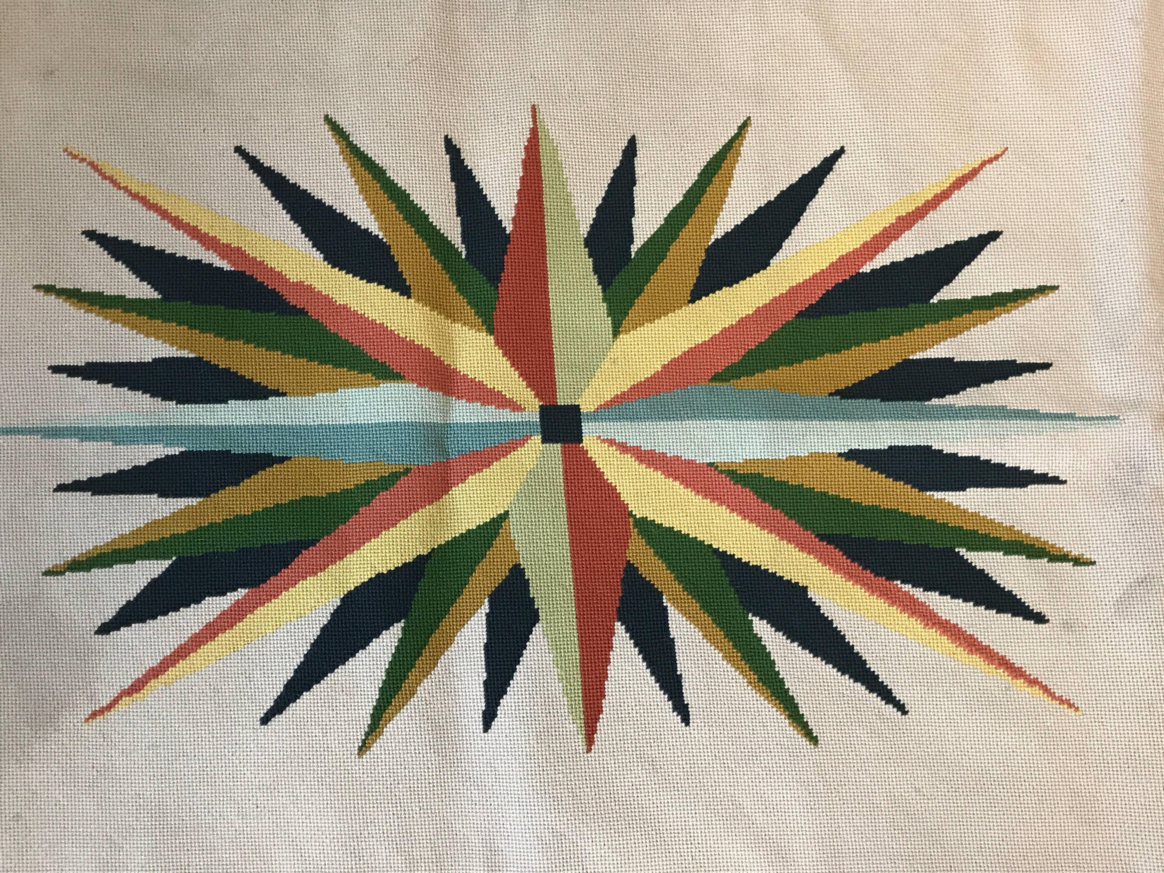 1960s Needlepoint Compass Polychrome Runner Rug In Good Condition In Richmond, VA