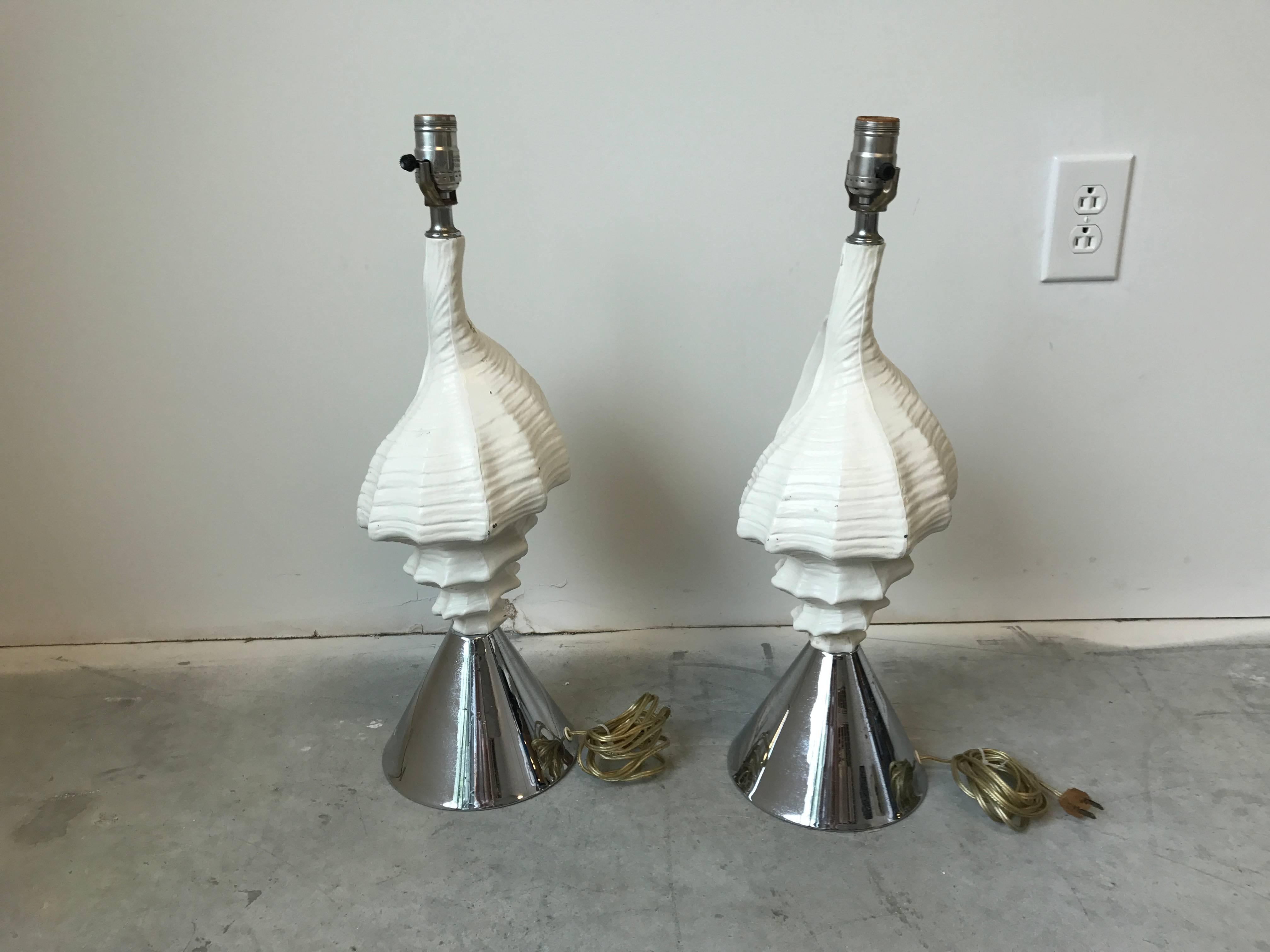 1950s Aluminum and Chrome Seashell Lamps, Pair 1