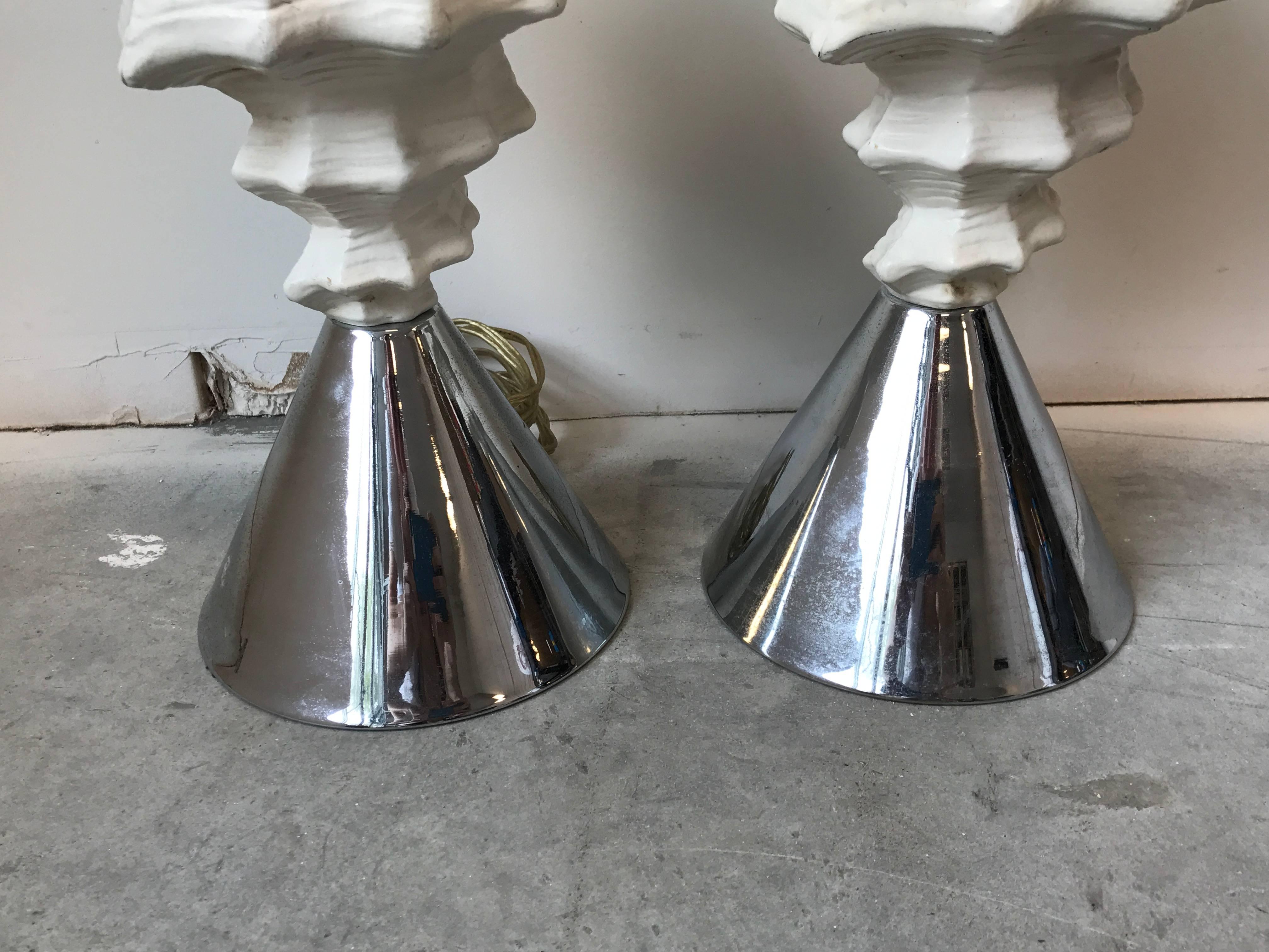 Cast 1950s Aluminum and Chrome Seashell Lamps, Pair