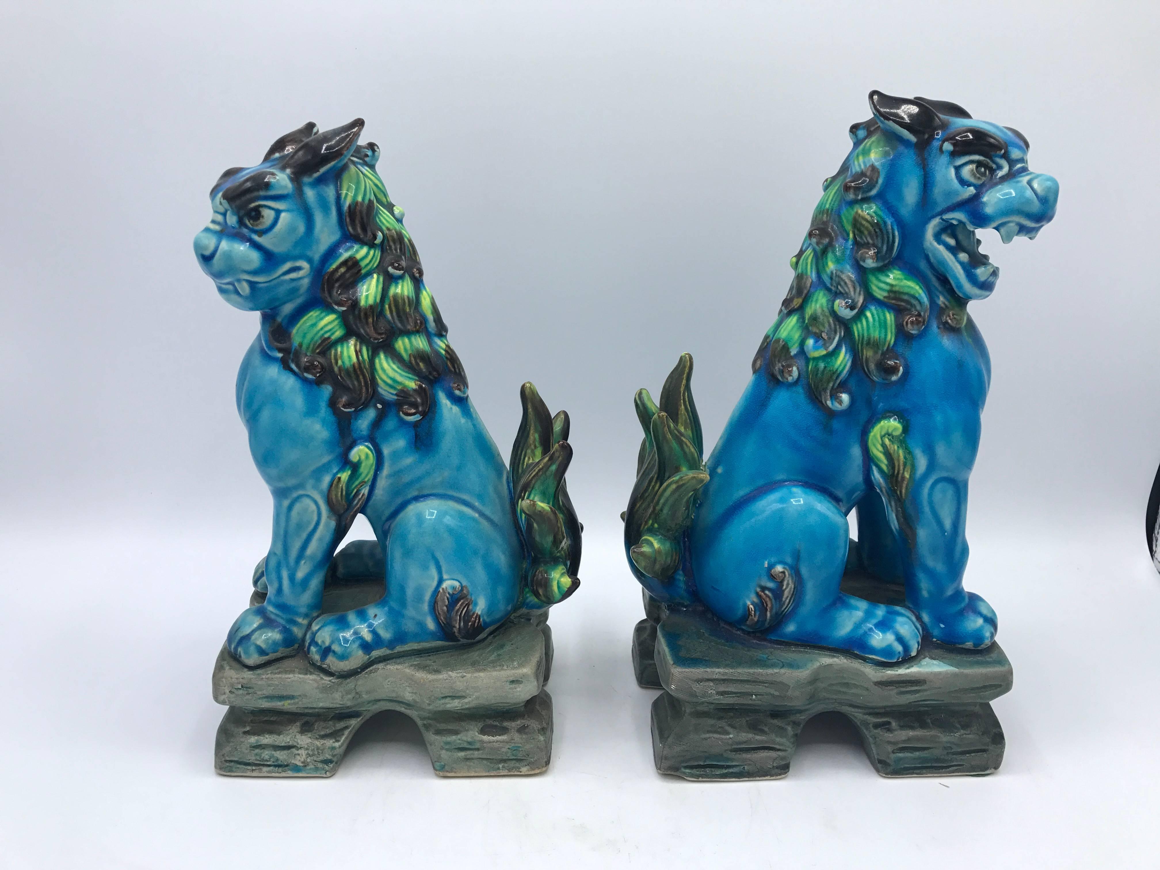 Chinoiserie 1960s Blue and Green Polychrome Foo Dogs, Pair