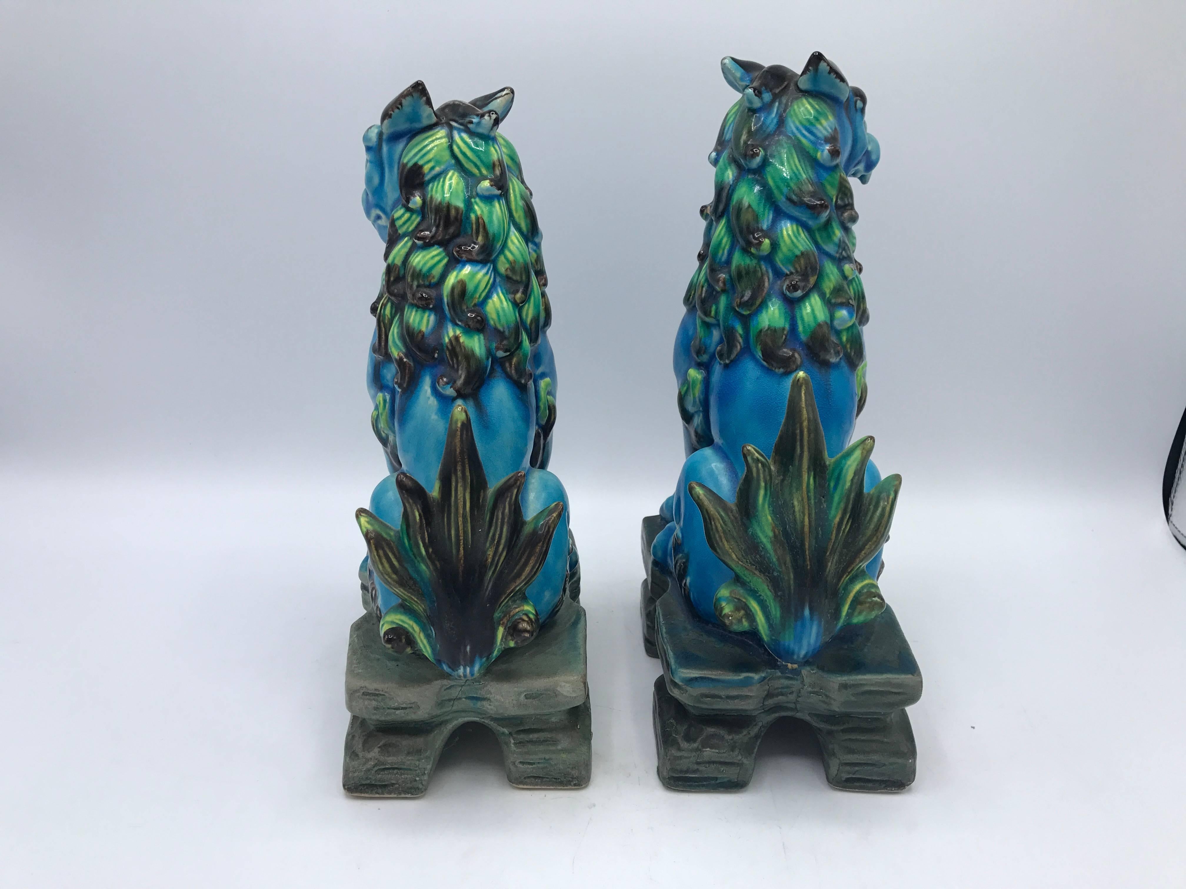 Japanese 1960s Blue and Green Polychrome Foo Dogs, Pair