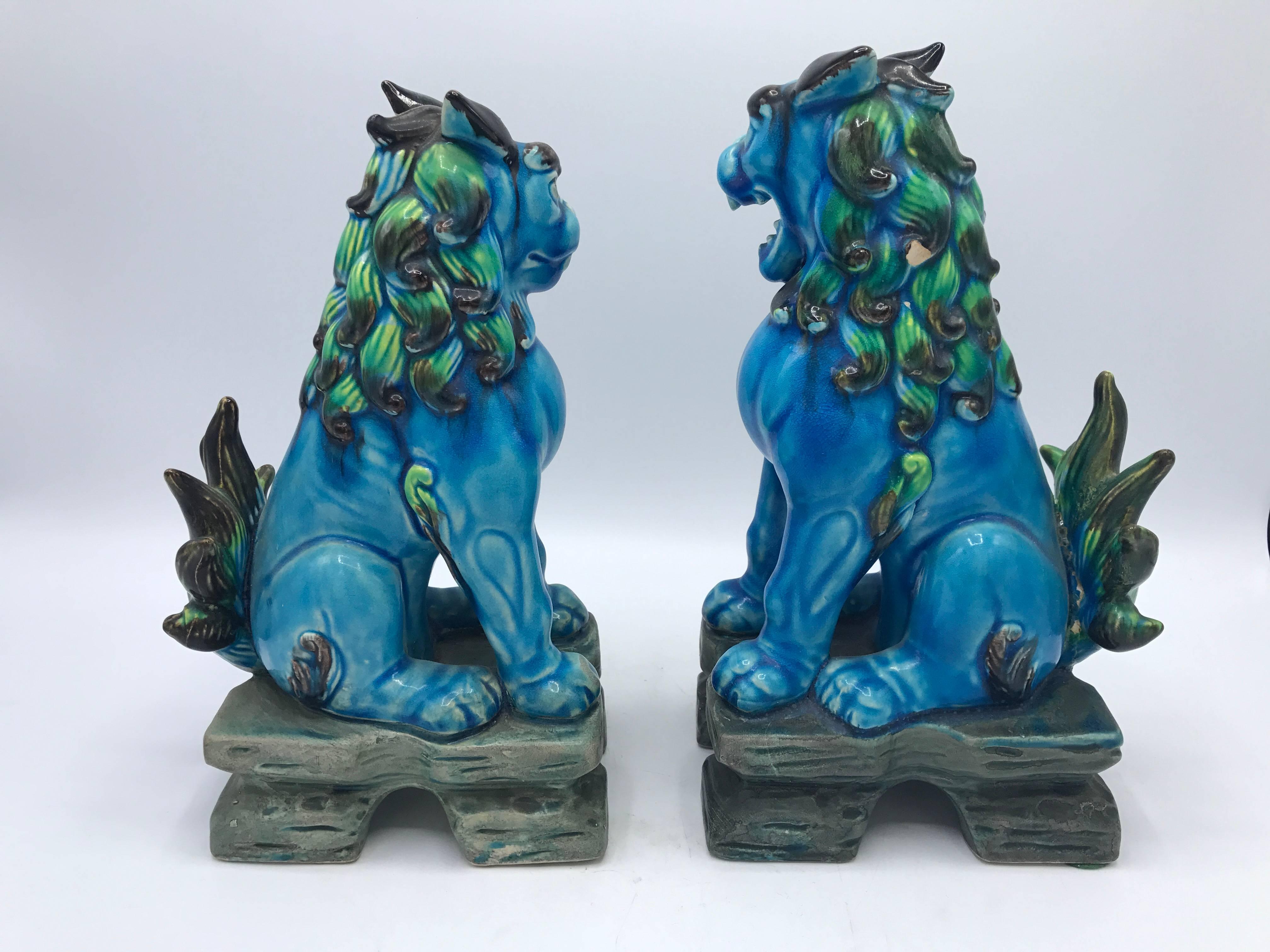 1960s Blue and Green Polychrome Foo Dogs, Pair In Good Condition In Richmond, VA