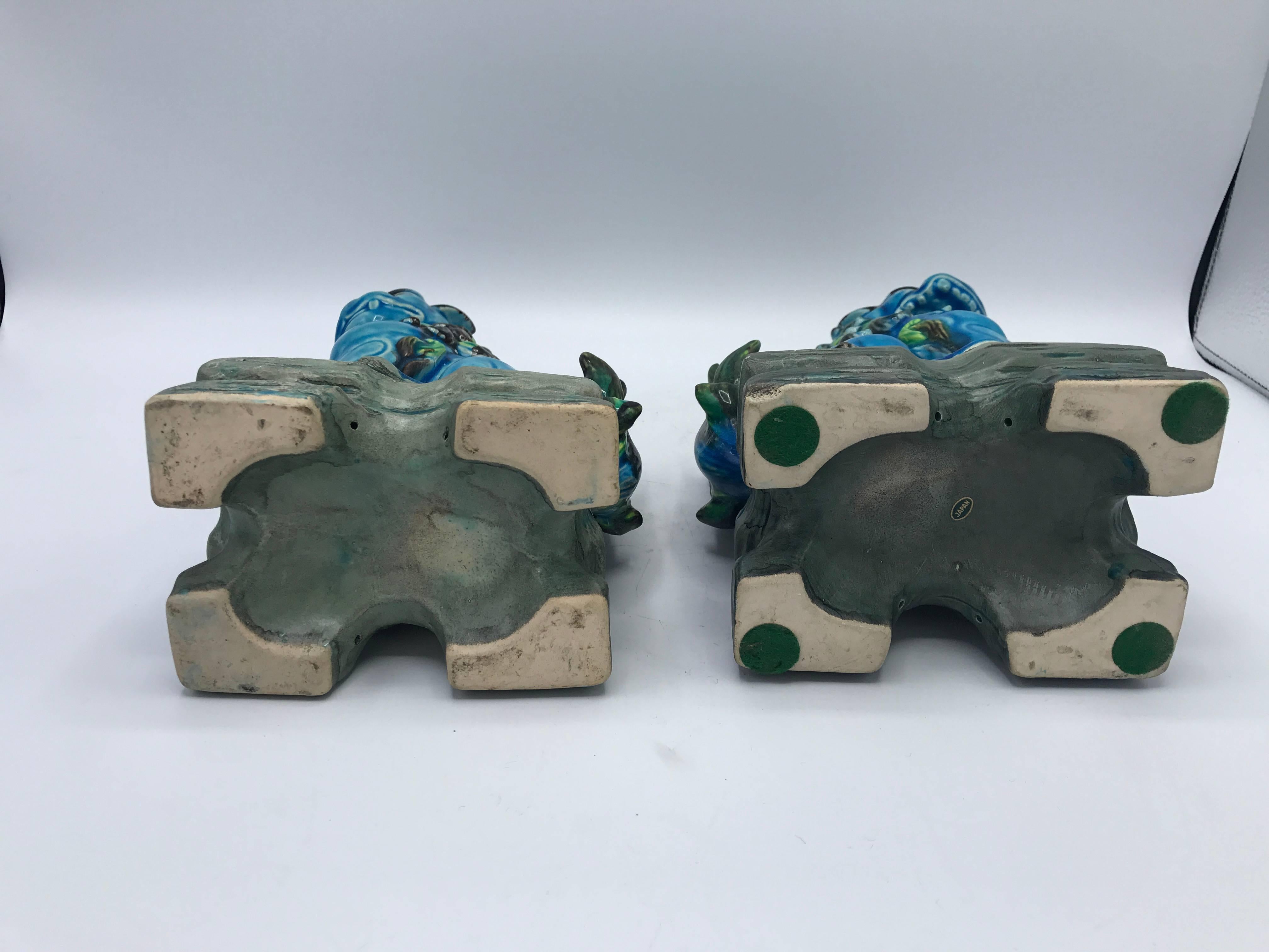 20th Century 1960s Blue and Green Polychrome Foo Dogs, Pair