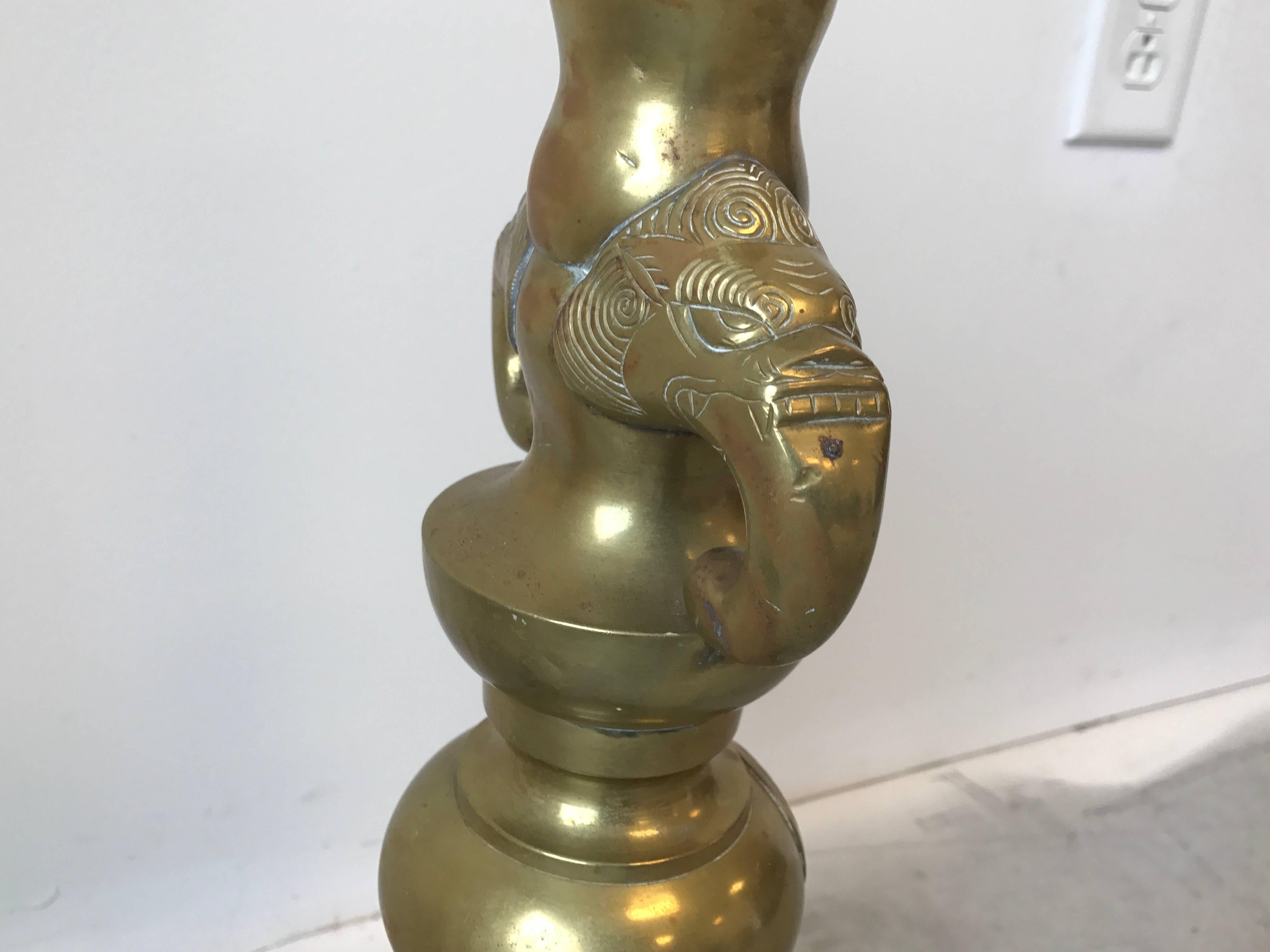 Chinoiserie 1960s Brass Elephant Lamp on Wood Base