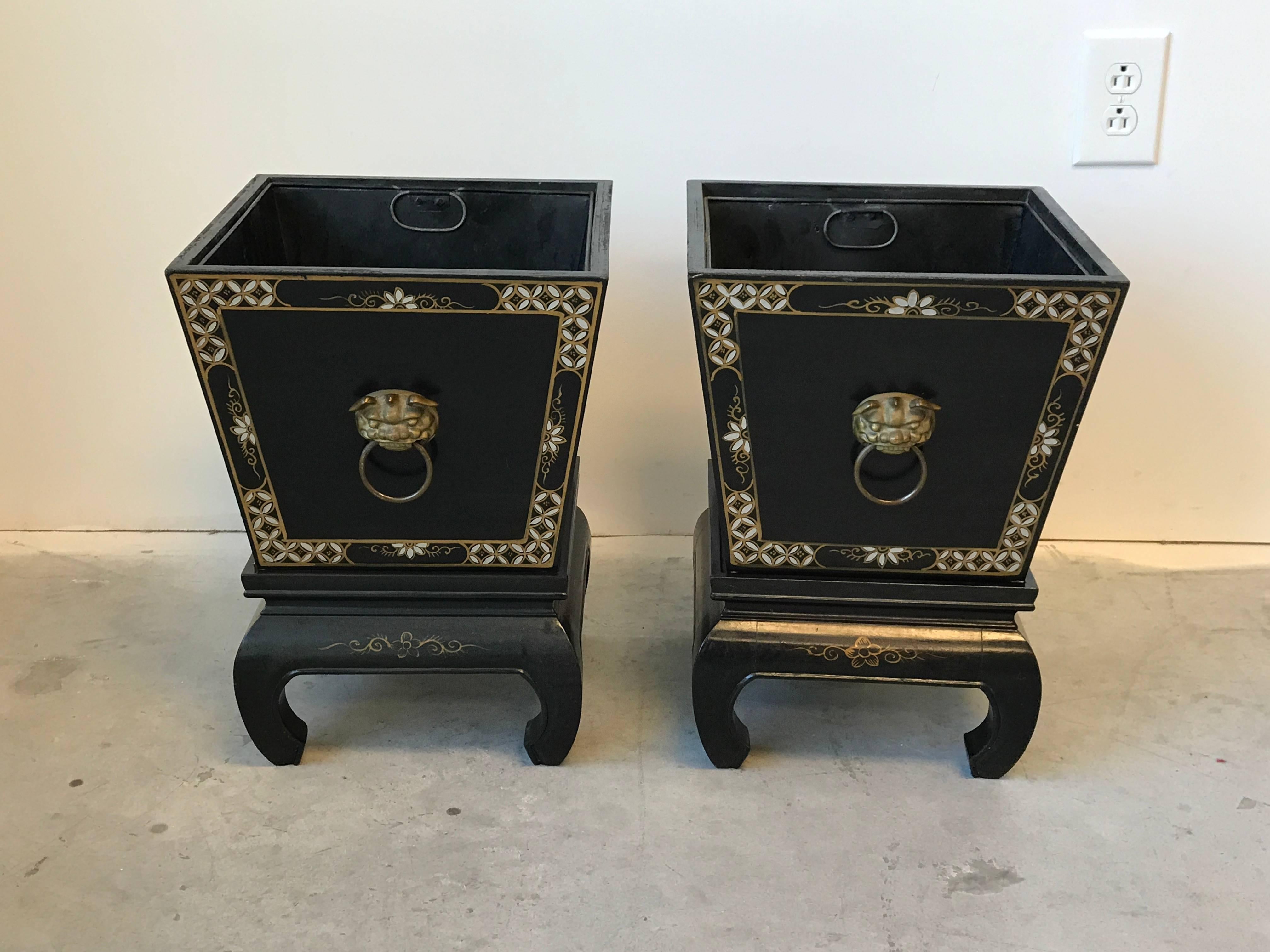 Stone 1960s Black and Gold Asian Planters on Stands with Brass Foo Dog Handles, Pair