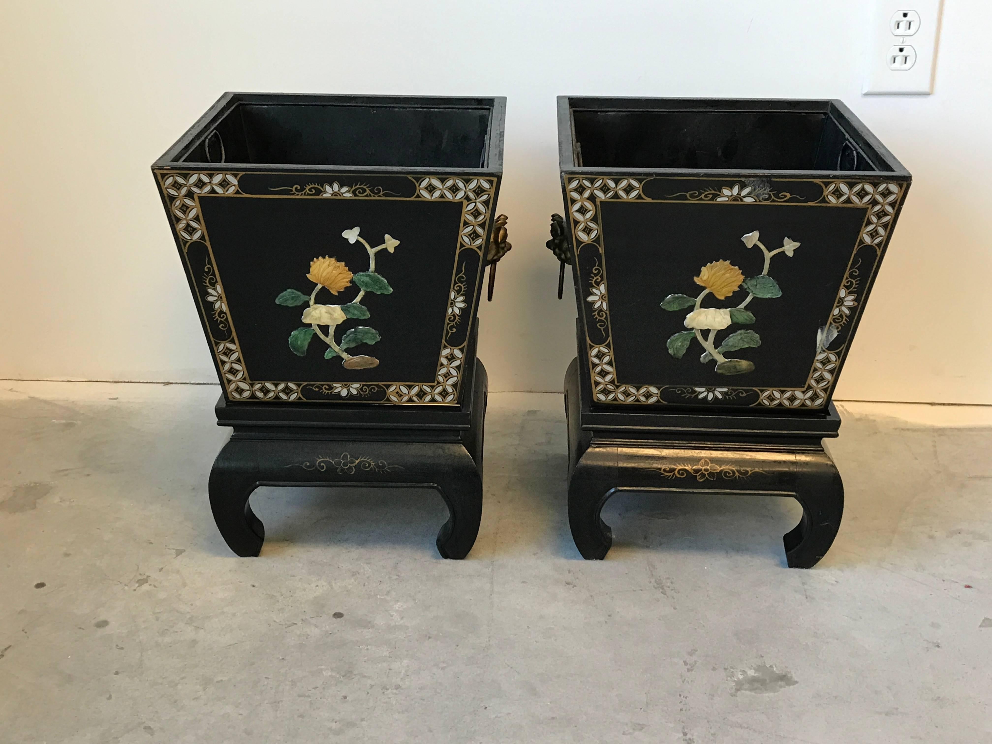 20th Century 1960s Black and Gold Asian Planters on Stands with Brass Foo Dog Handles, Pair