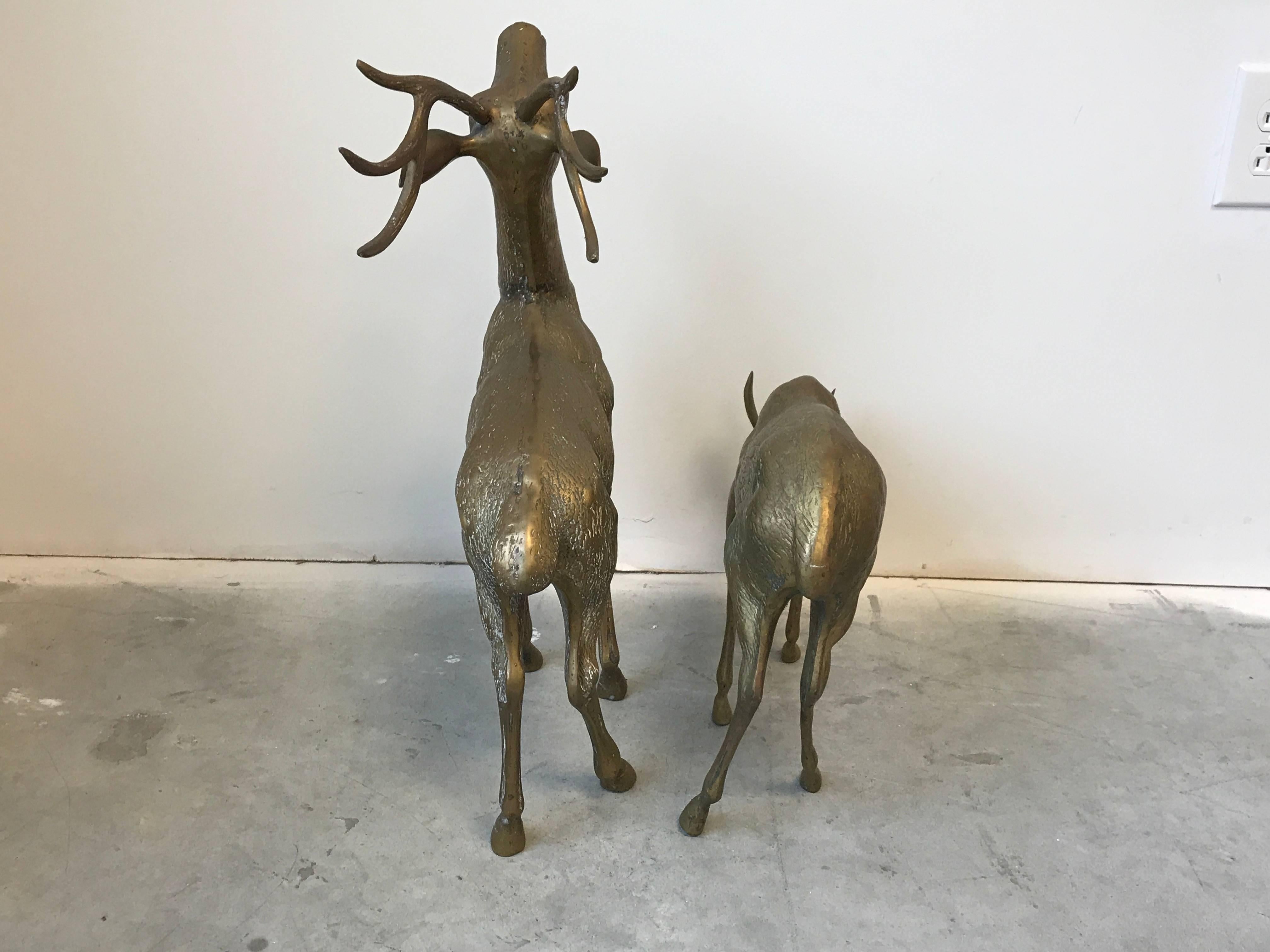 1960s Pair of Large Brass Deer Male and Female Sculptures 1