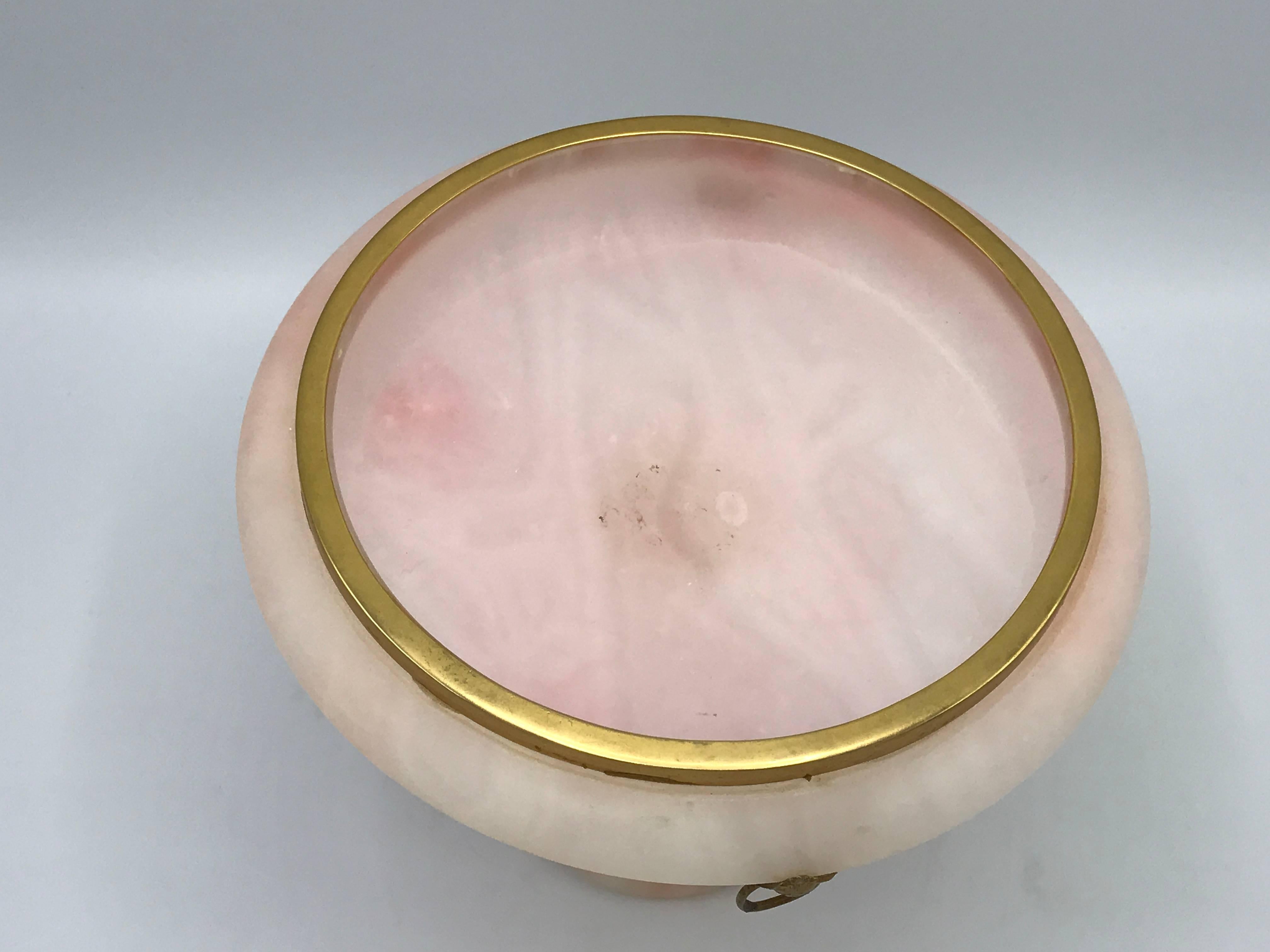 1930s Italian Pink Alabaster Pedestal Urn with Brass Lion Head Handles 2