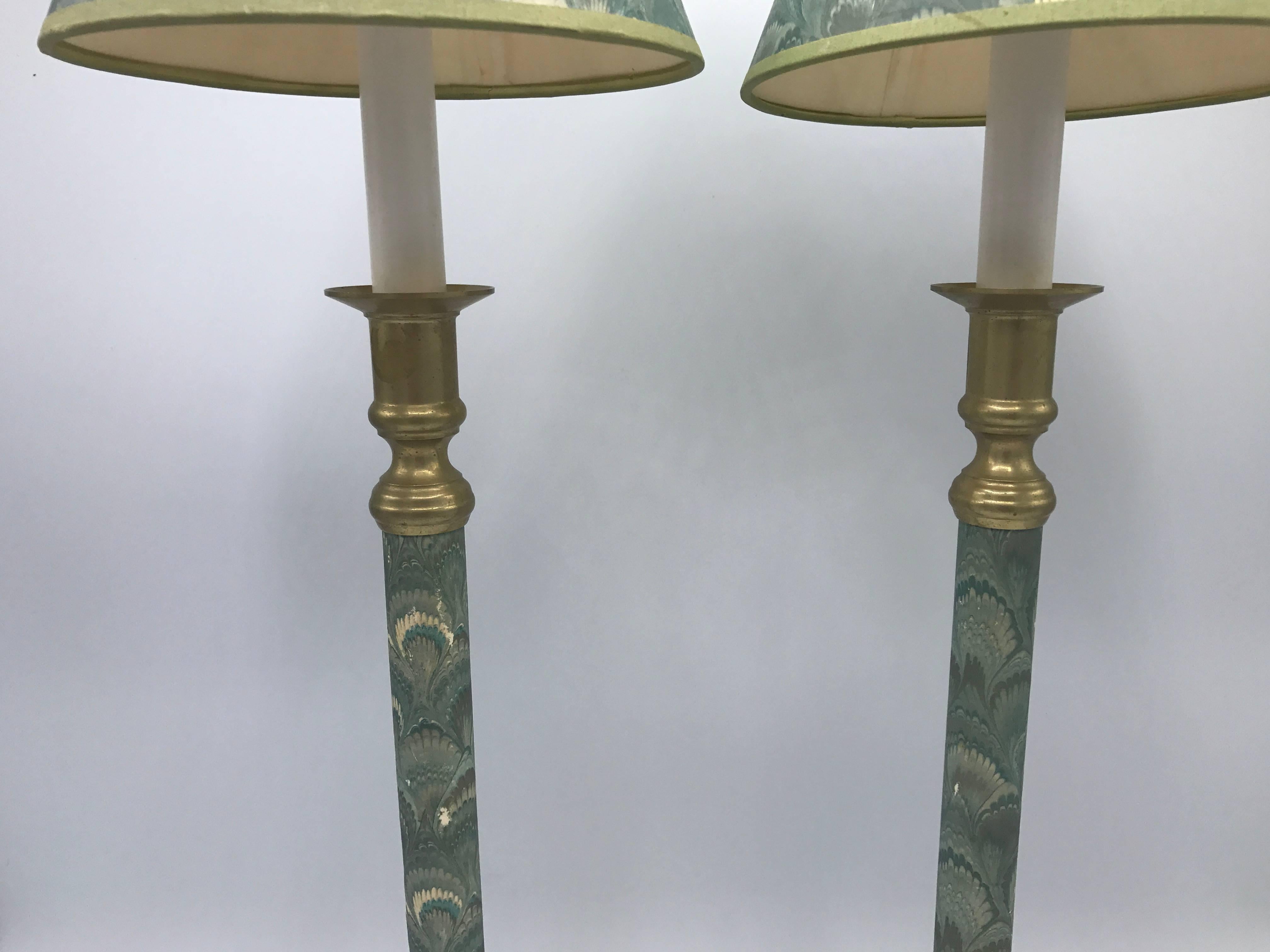 20th Century 1950s Blue-Green Candlestick Lamps with Matching Water-Print Shades, Pair