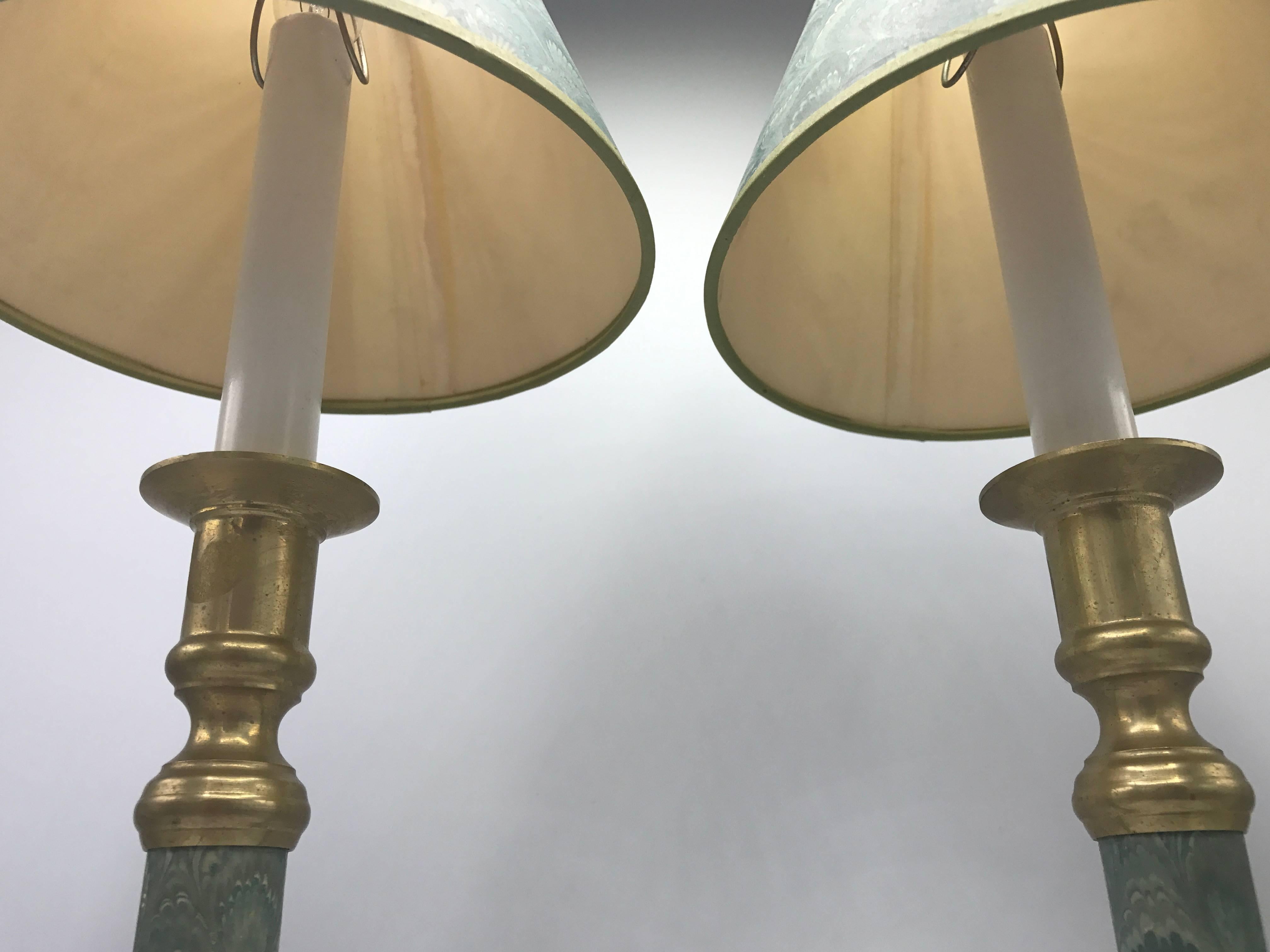 1950s Blue-Green Candlestick Lamps with Matching Water-Print Shades, Pair In Good Condition In Richmond, VA