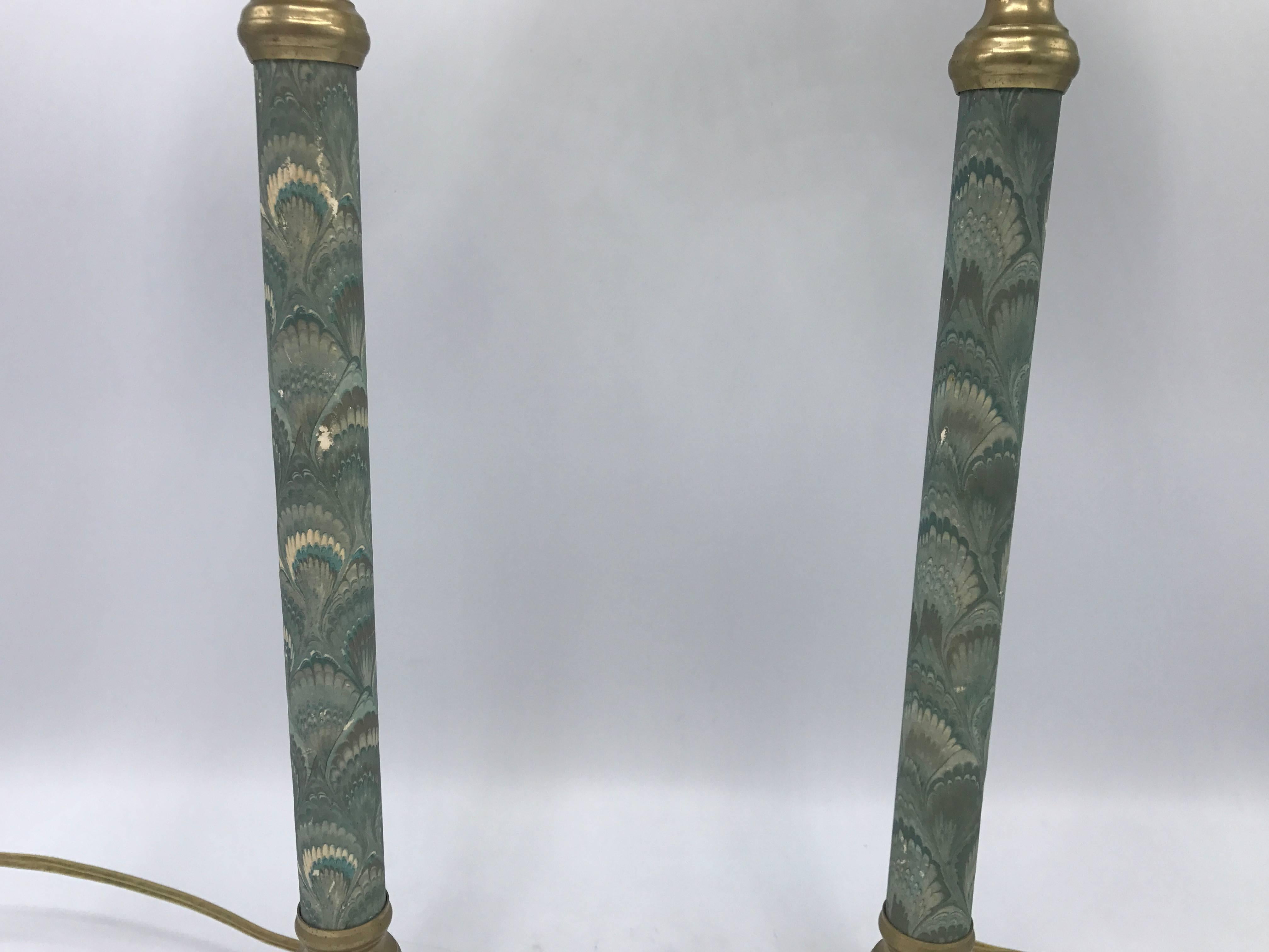 Brass 1950s Blue-Green Candlestick Lamps with Matching Water-Print Shades, Pair