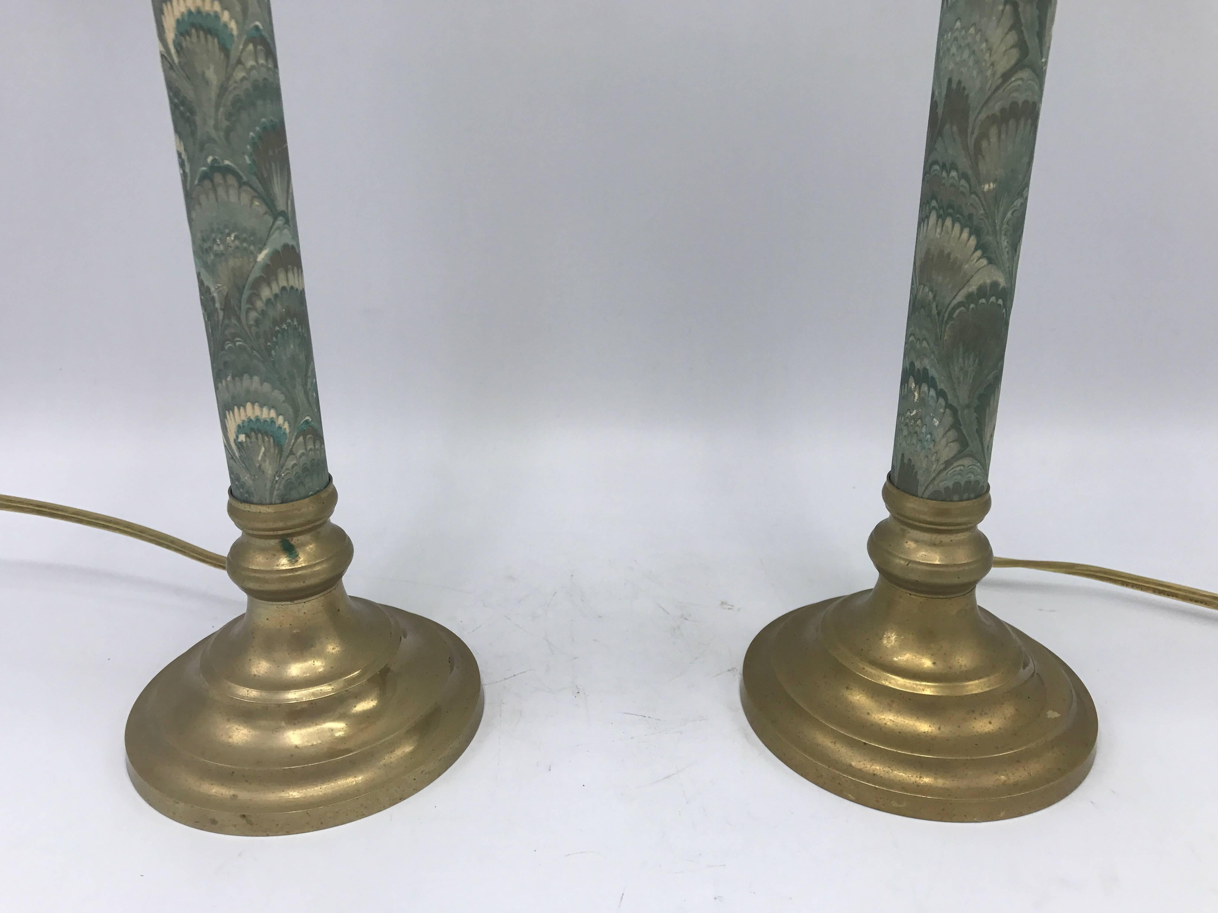 1950s Blue-Green Candlestick Lamps with Matching Water-Print Shades, Pair 1