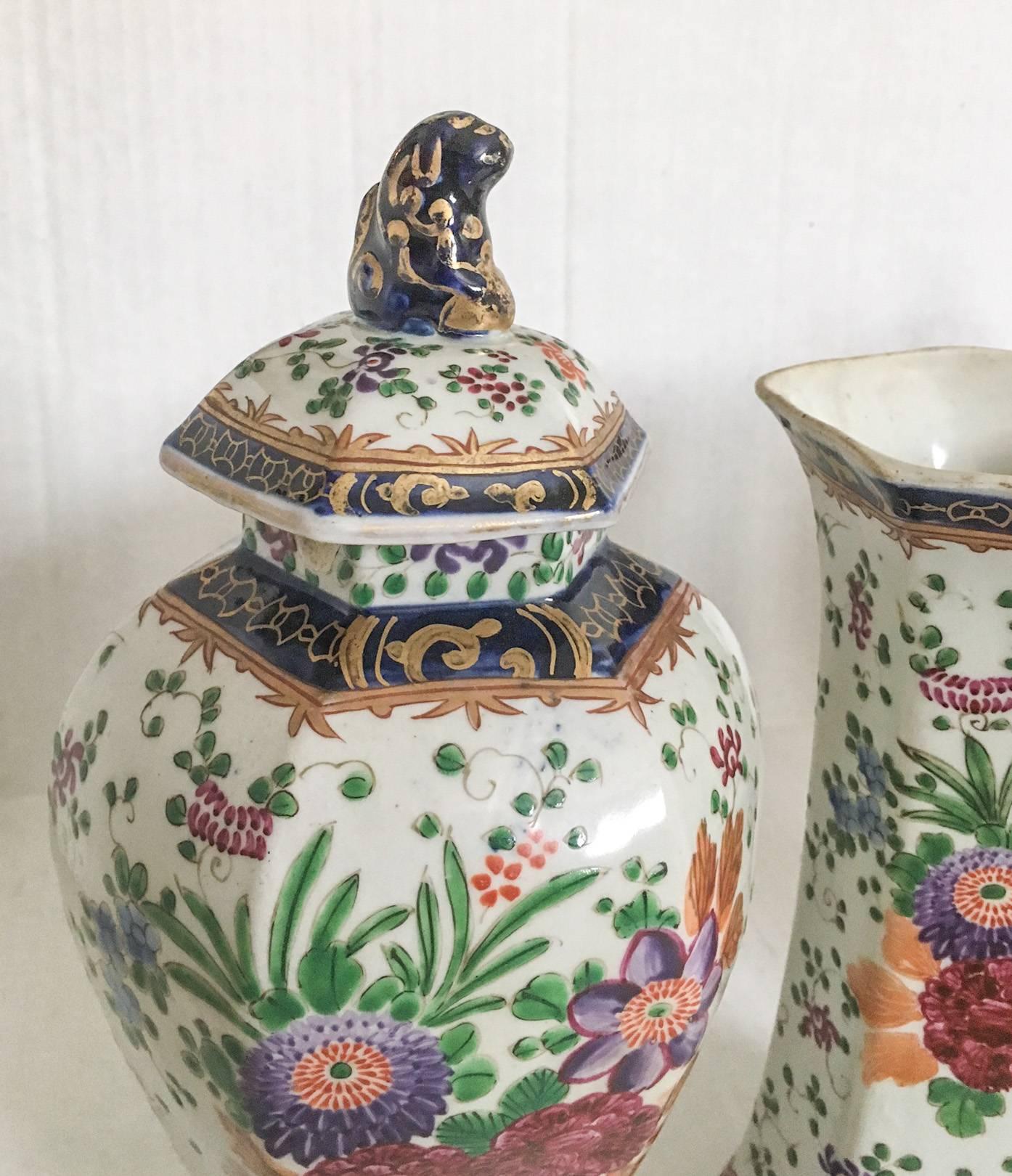 Hand-Painted 18th Century French Octagonal Faience Garniture Vases, Set of Four
