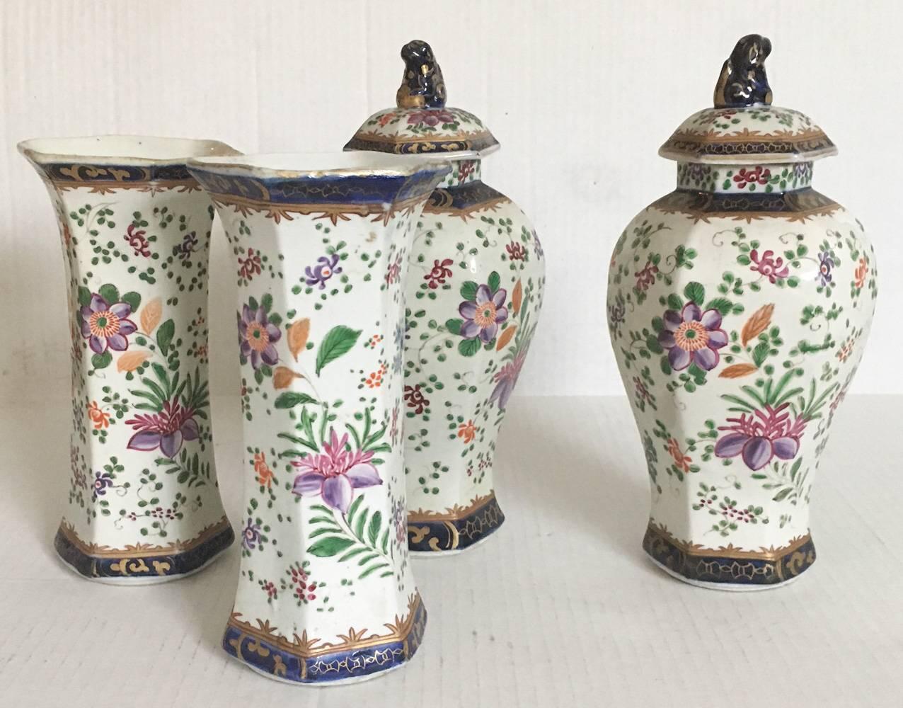 18th Century French Octagonal Faience Garniture Vases, Set of Four 2