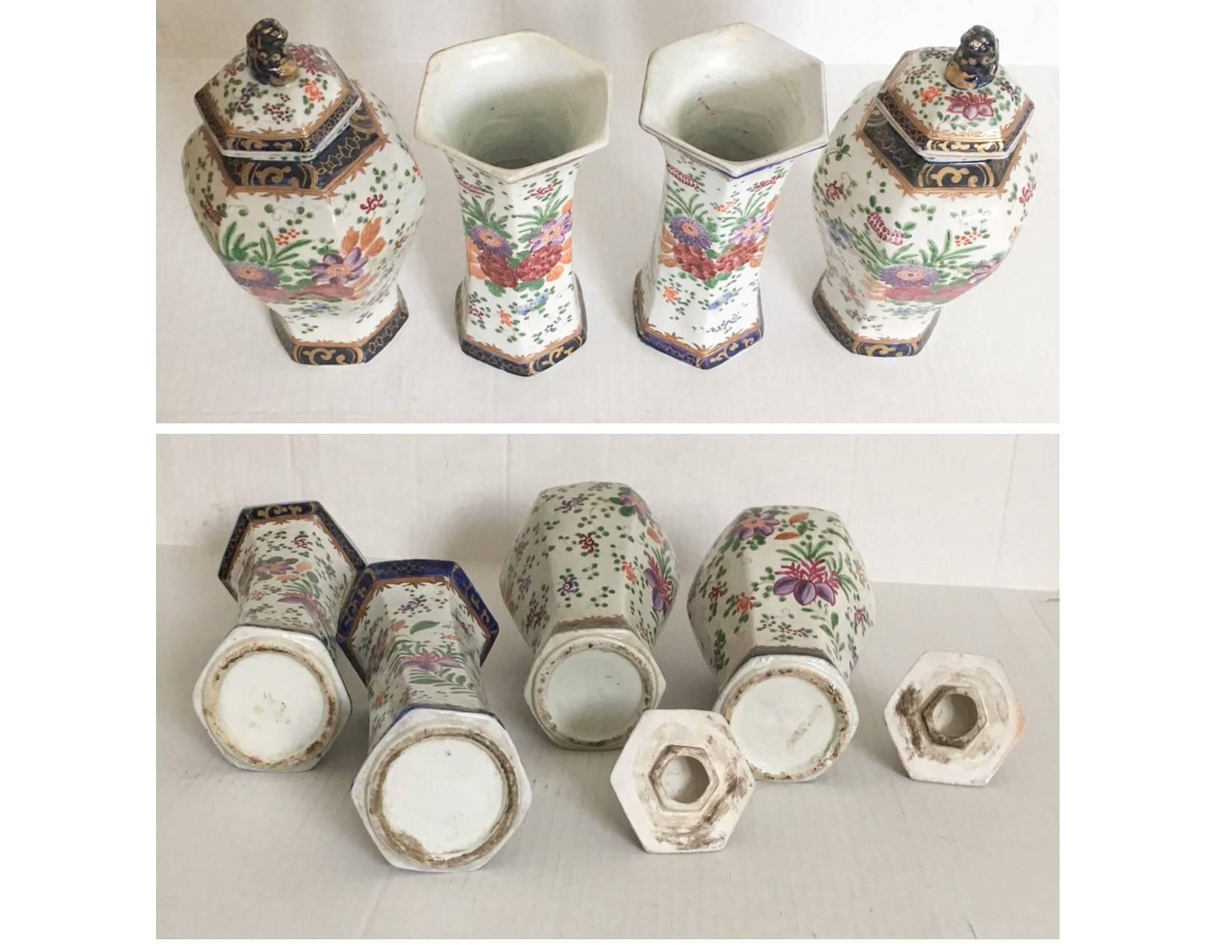 18th Century French Octagonal Faience Garniture Vases, Set of Four 3