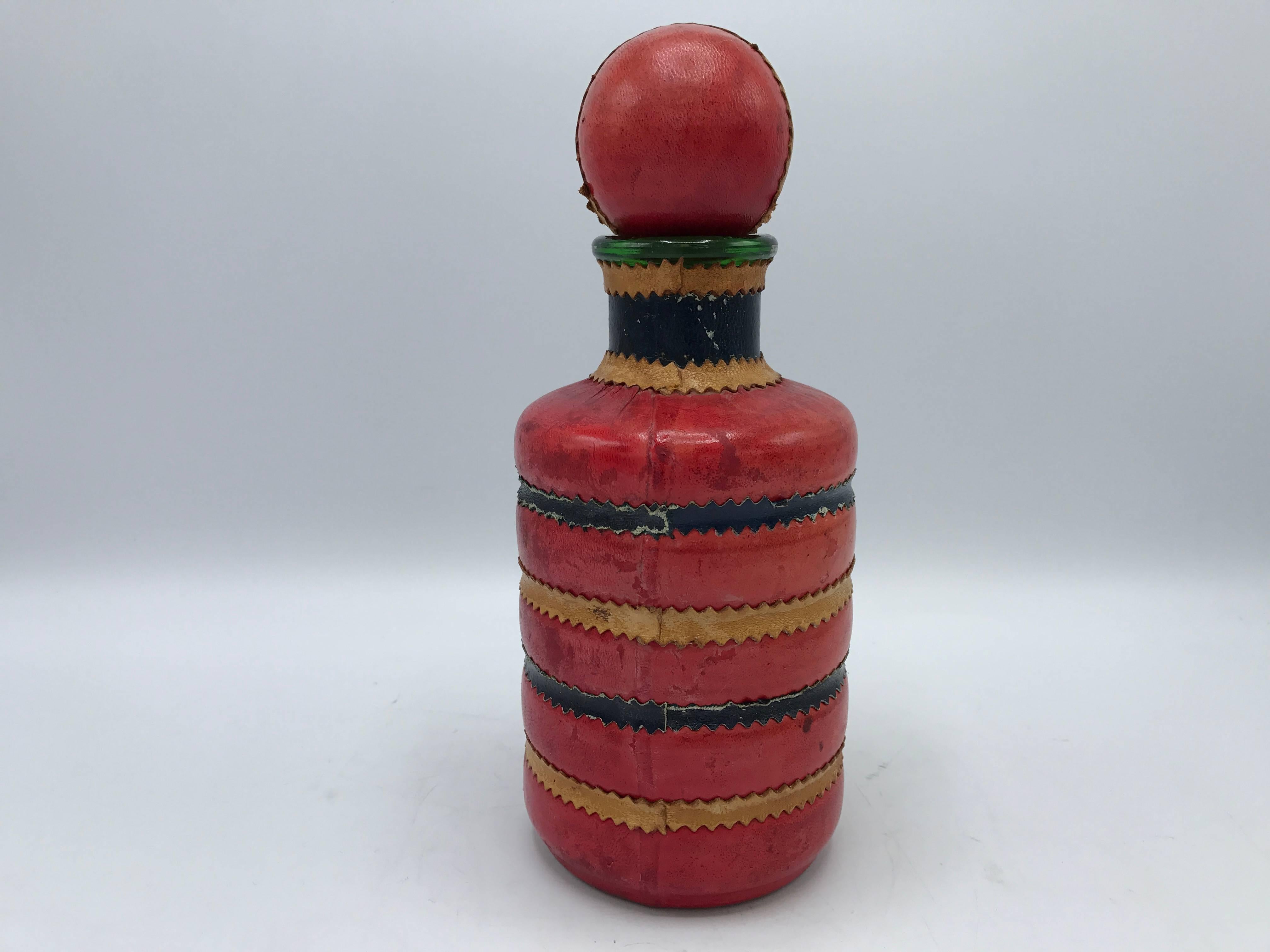 1960s Italian Red Leather Decanter with Brass Nautical Ship Wheel 1