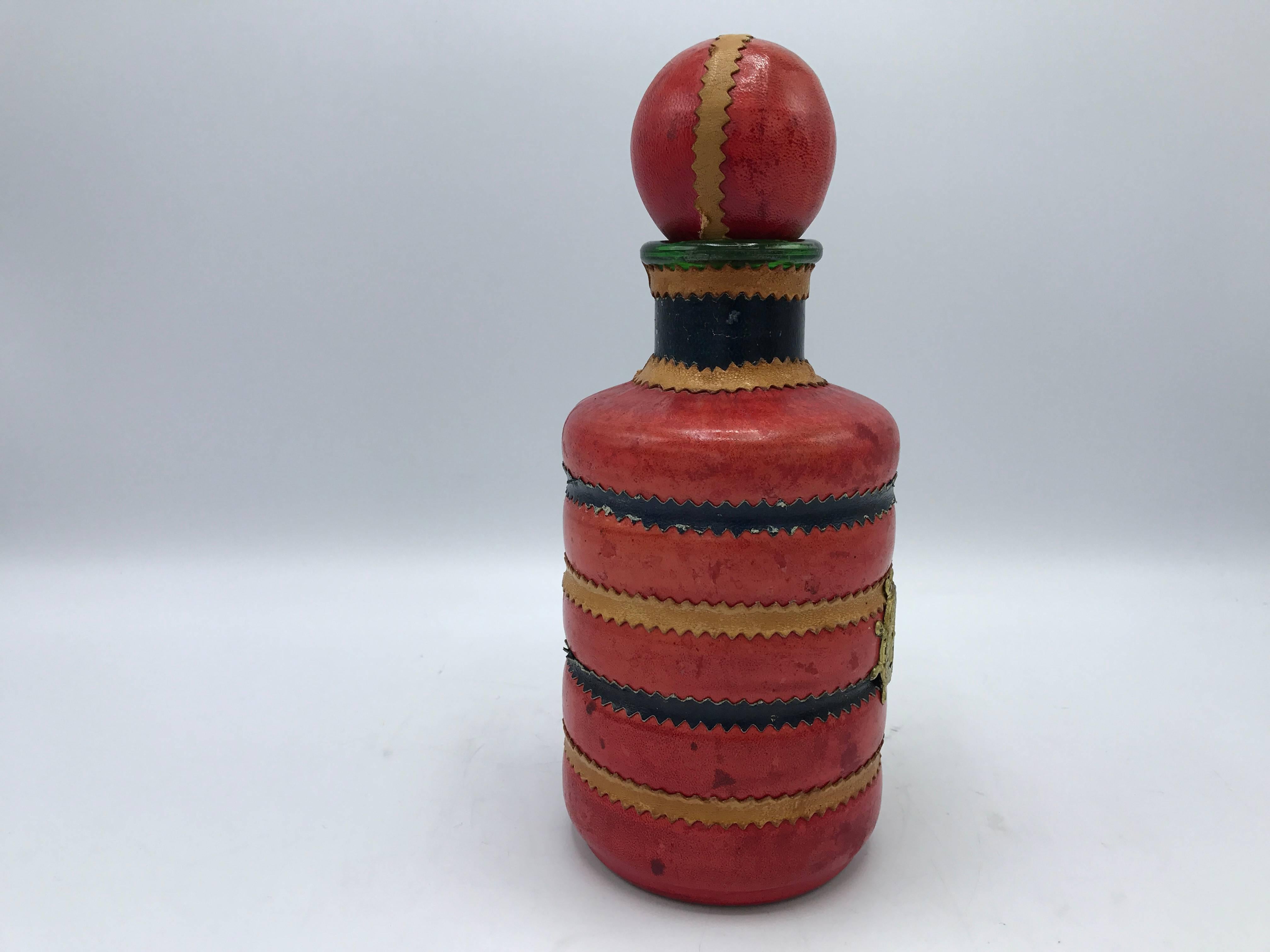 1960s Italian Red Leather Decanter with Brass Nautical Ship Wheel 2