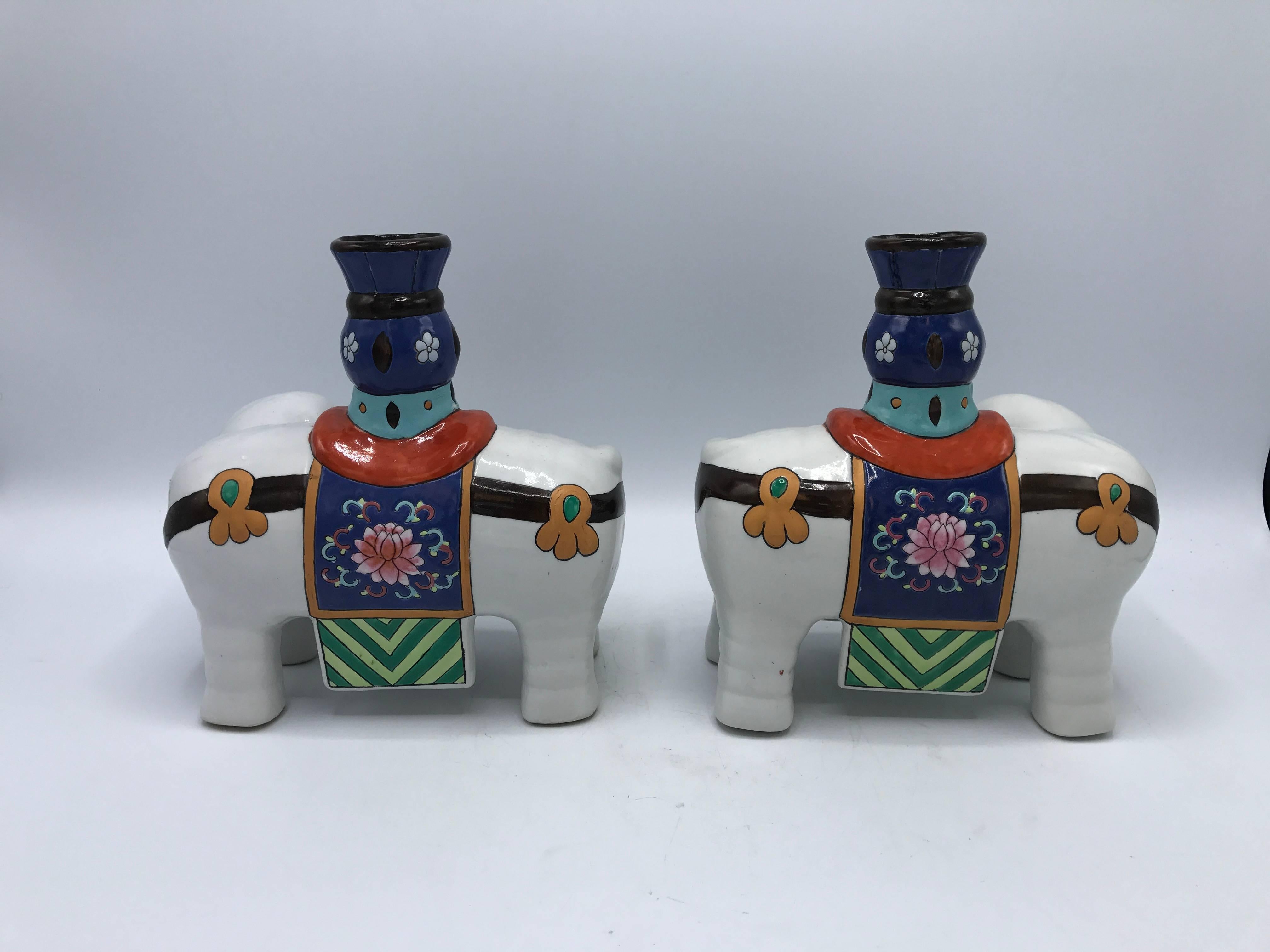 20th Century 1960s Polychrome Ceramic Elephant Sculpture Candlestick Holders, Pair