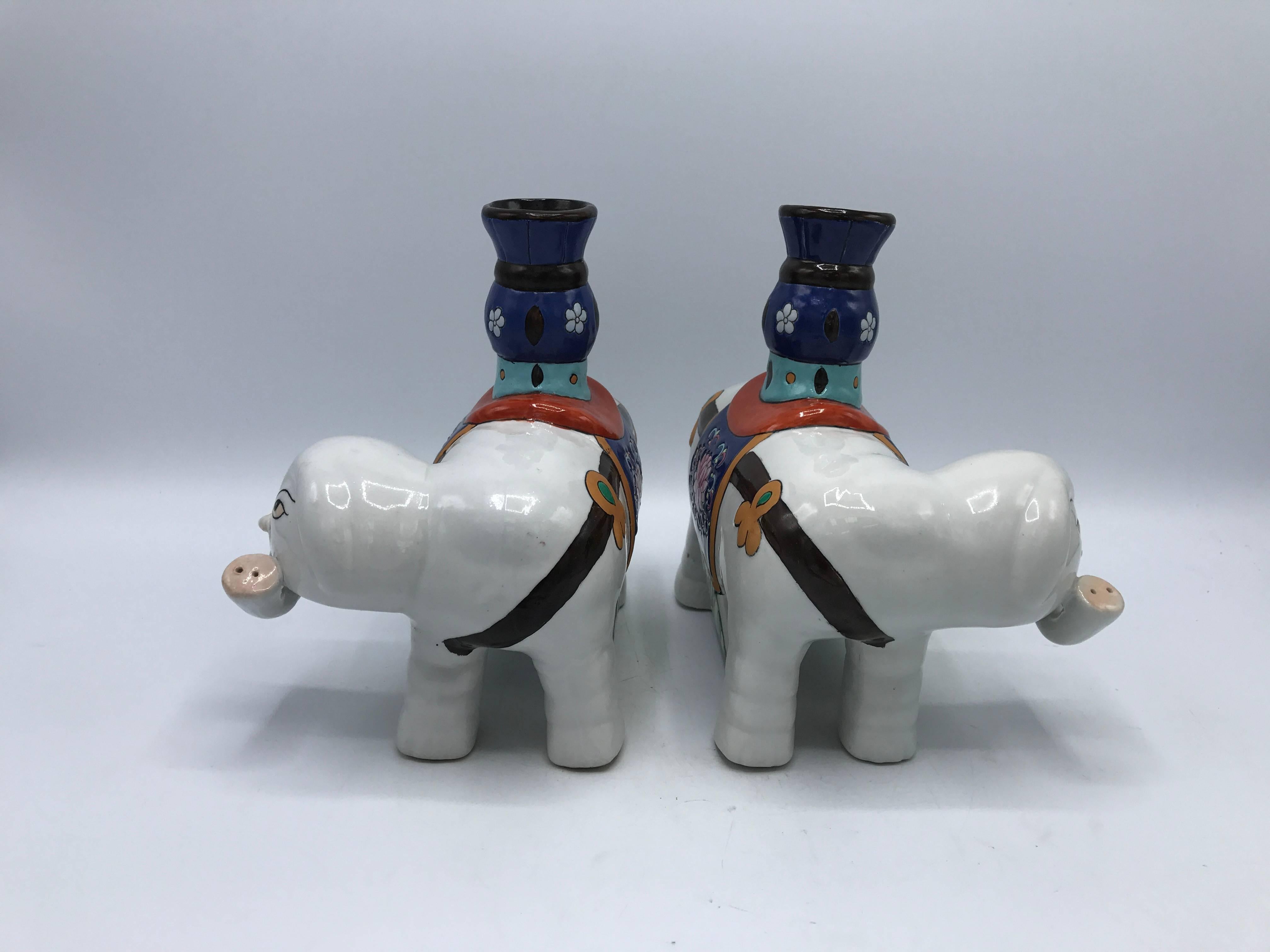 1960s Polychrome Ceramic Elephant Sculpture Candlestick Holders, Pair 1