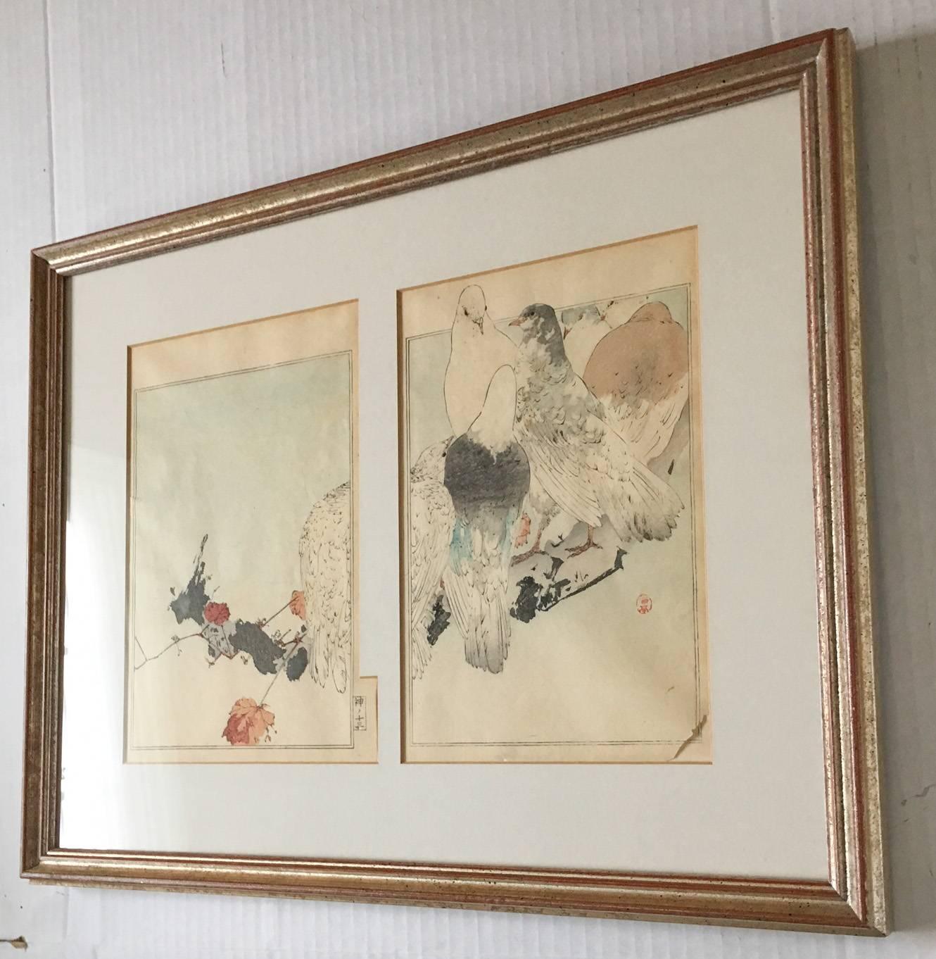 Offered is an exquisitely detailed Japanese pen and watercolor painting of five pigeons on a branch. Both panels are worked in a delicate black pen outline, then colored with watercolor paint. Note the matting detail of the left panel with attention