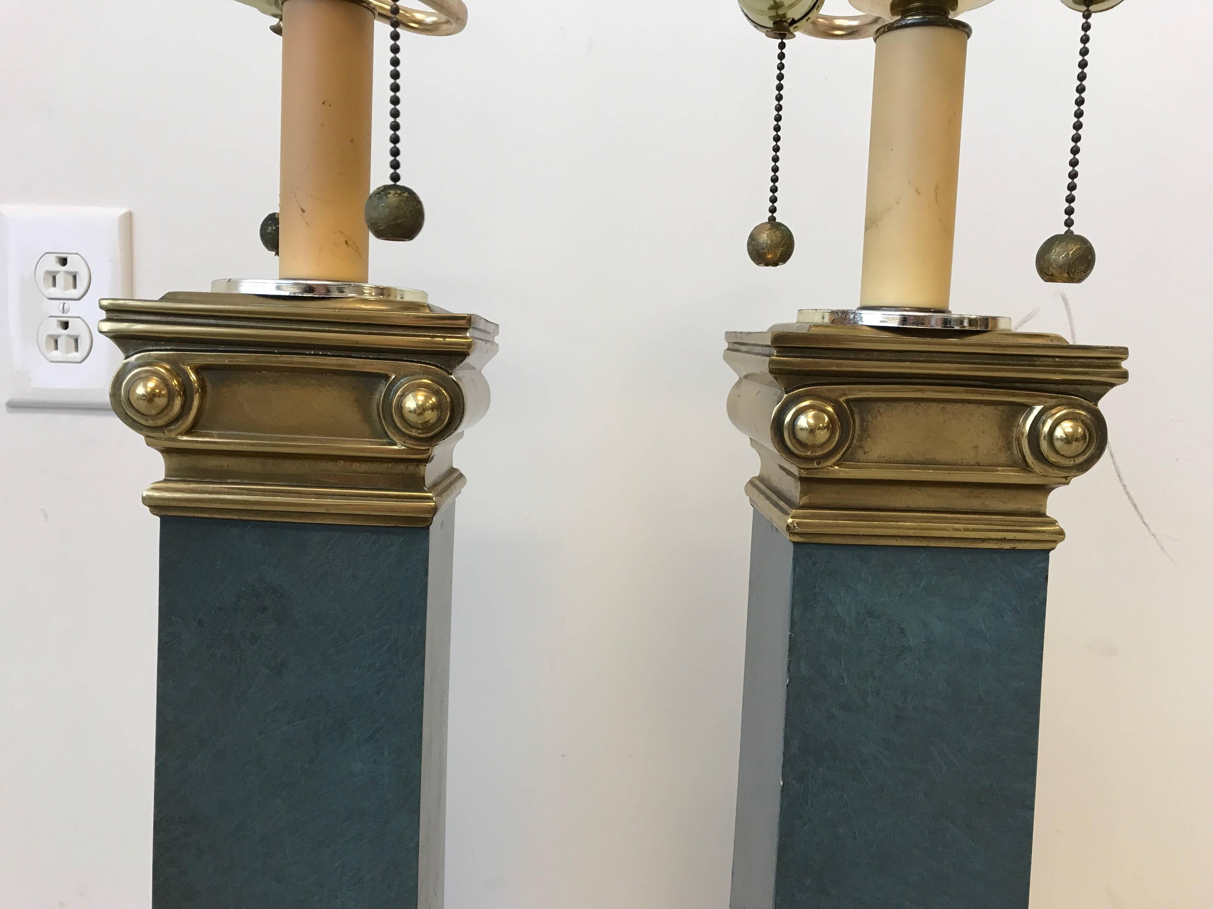 1950s Italian Brass Scroll and Faux Stone Lamps, Pair 1