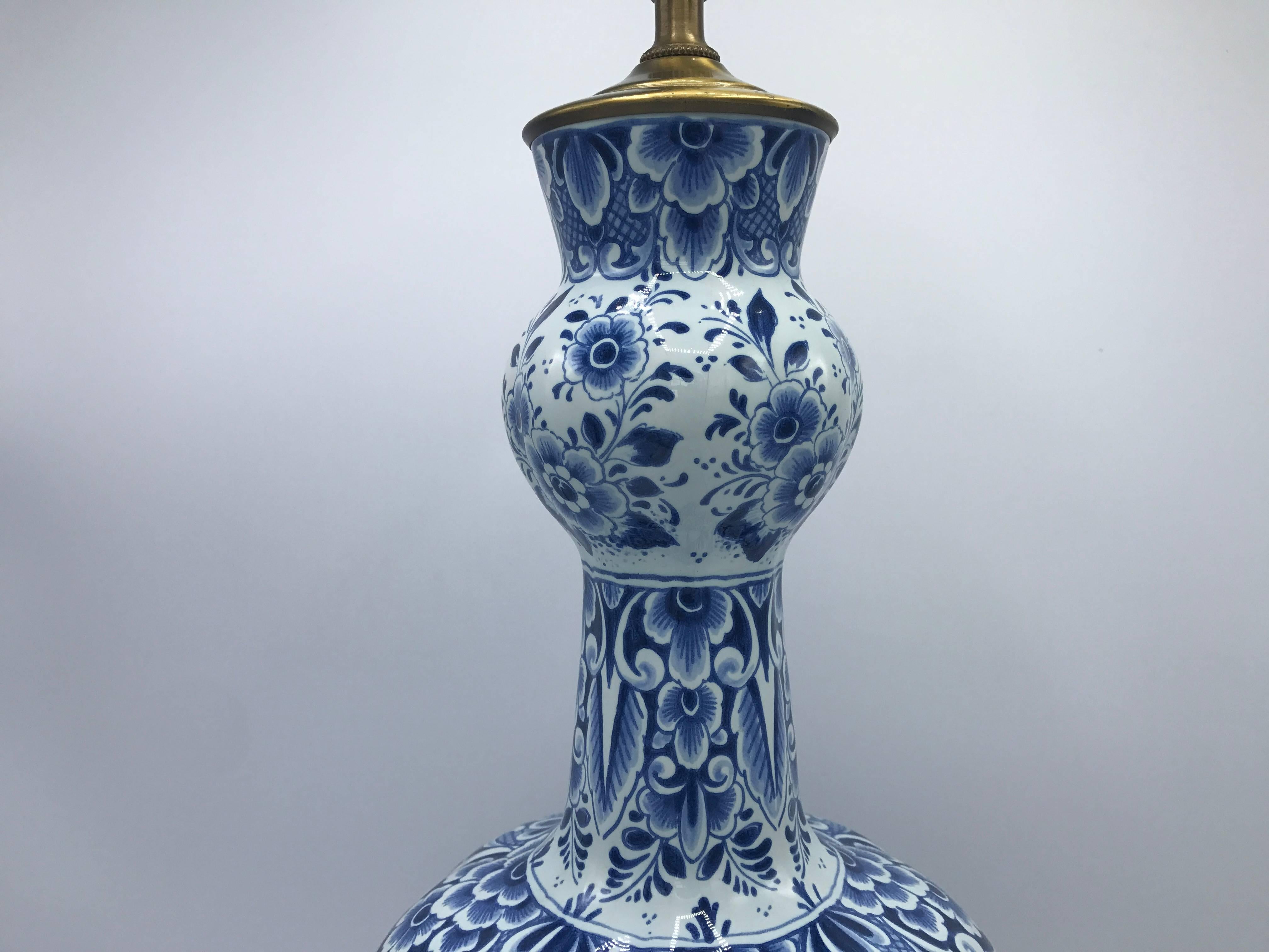 19th Century Delft Vase Lamp with a Blue and White Floral Motif on Brass Base 1