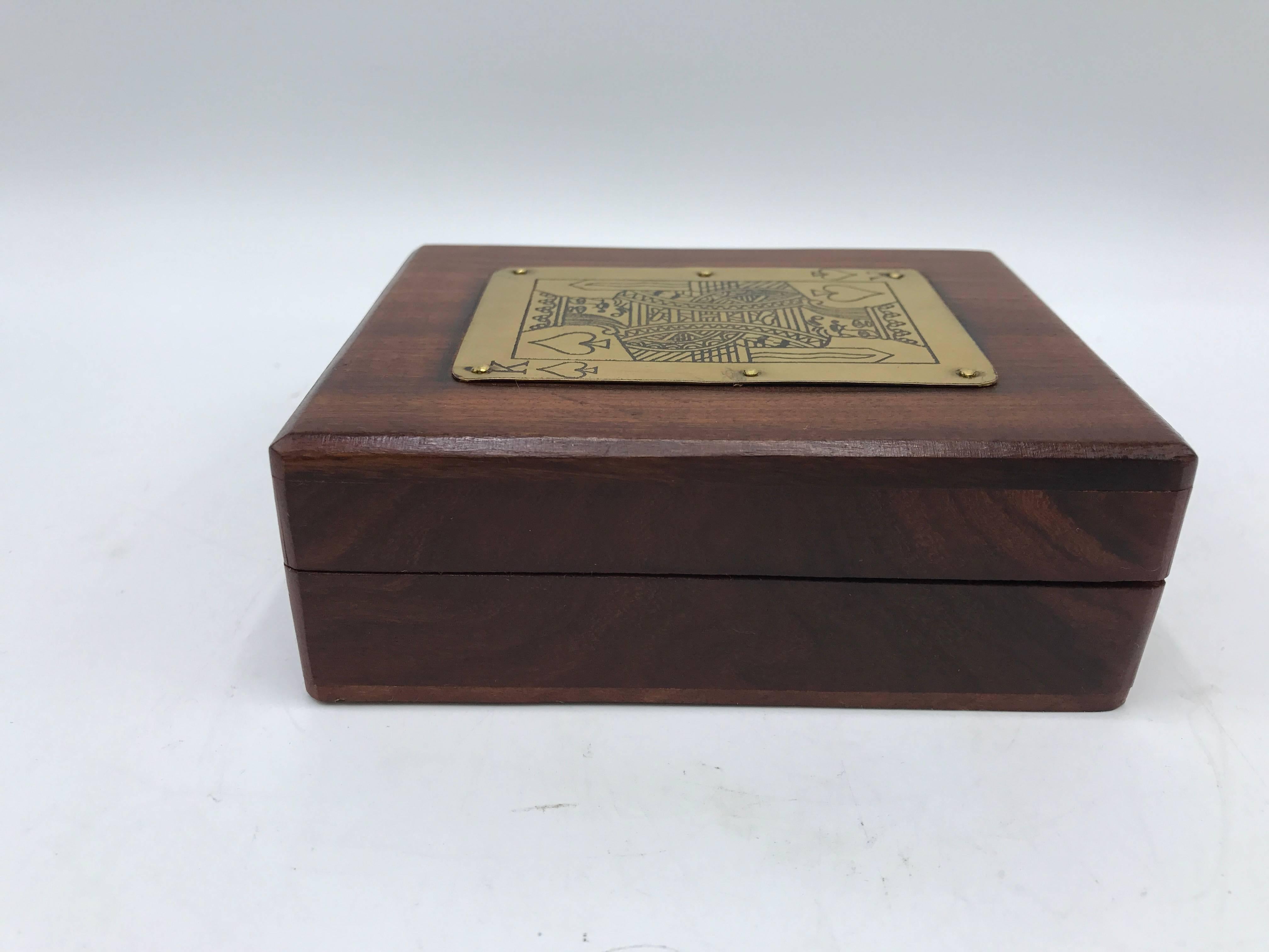 Modern 1960s, Walnut and Brass 'King of Hearts' Playing Card Box with Deck of Cards