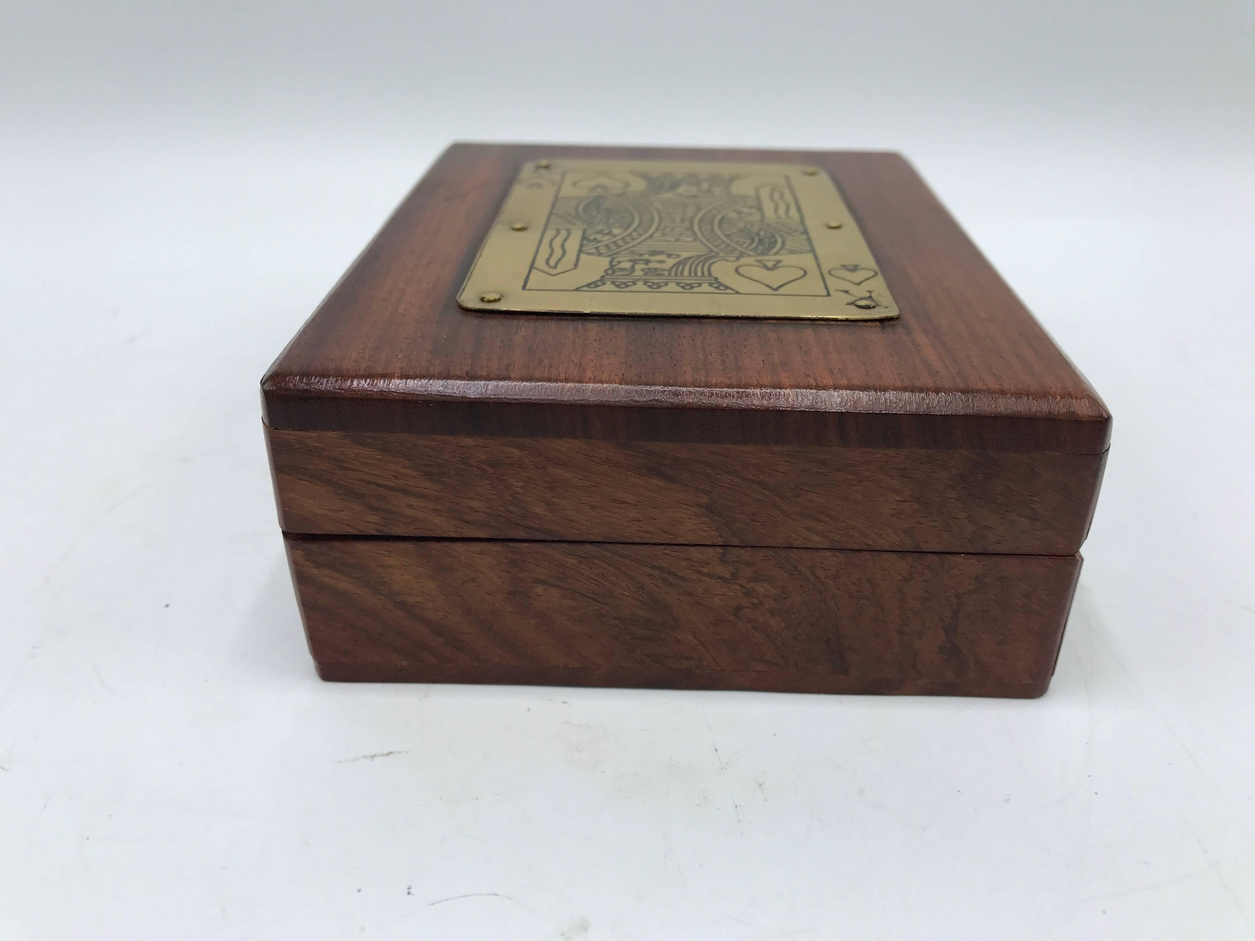 1960s, Walnut and Brass 'King of Hearts' Playing Card Box with Deck of Cards In Excellent Condition In Richmond, VA