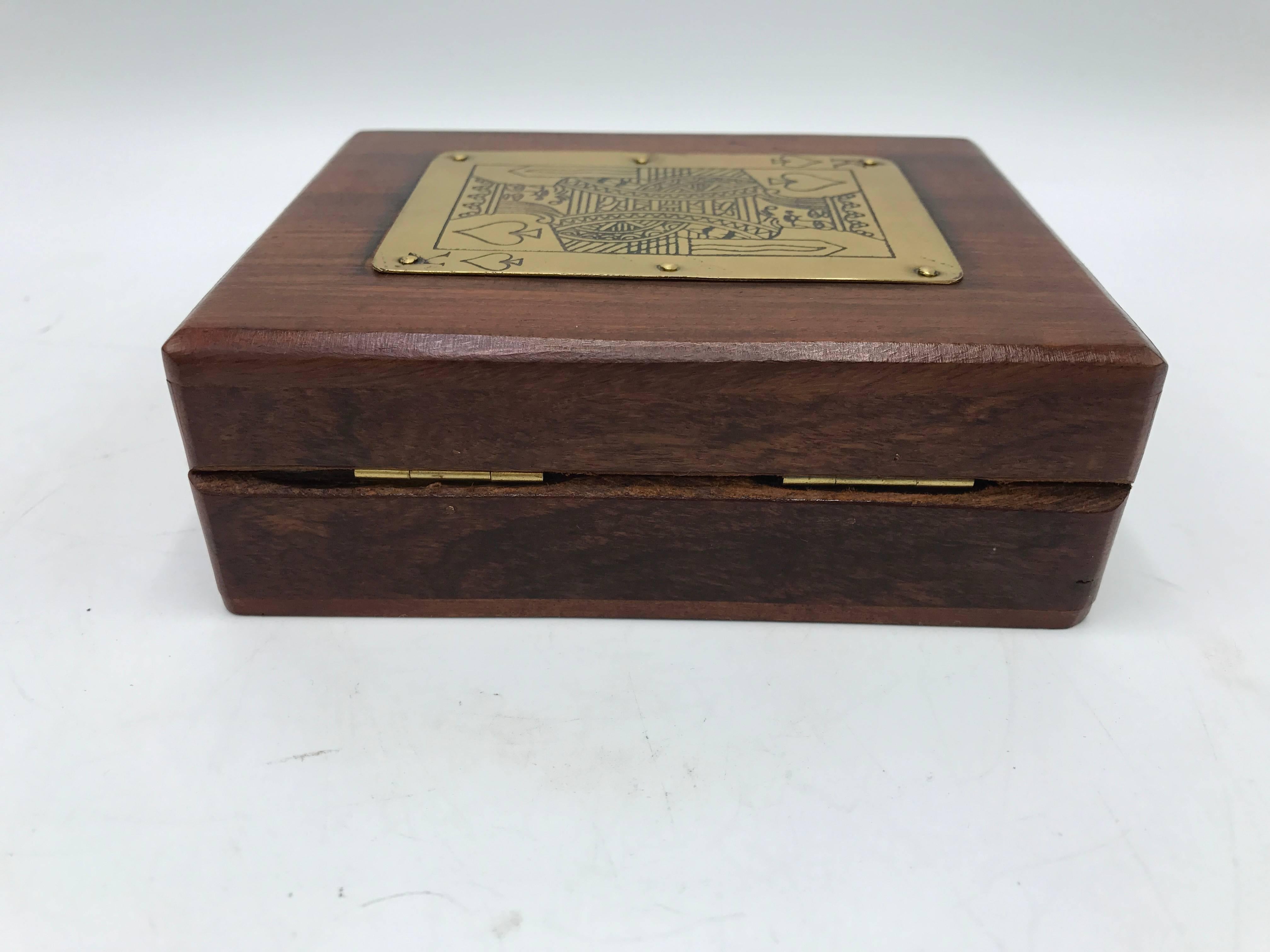 20th Century 1960s, Walnut and Brass 'King of Hearts' Playing Card Box with Deck of Cards