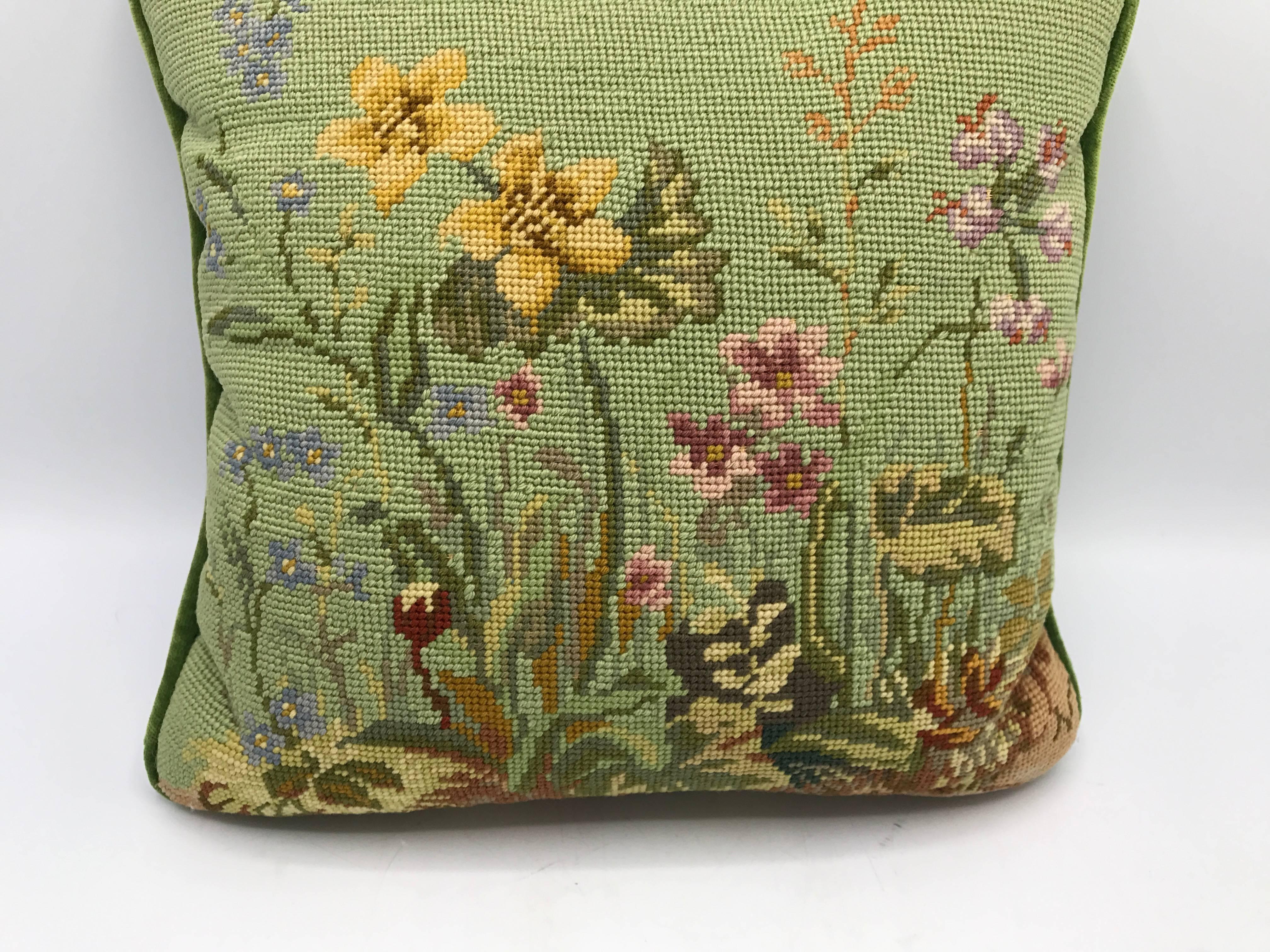 1950s Green Needlepoint Pillow with Floral Motif In Excellent Condition In Richmond, VA
