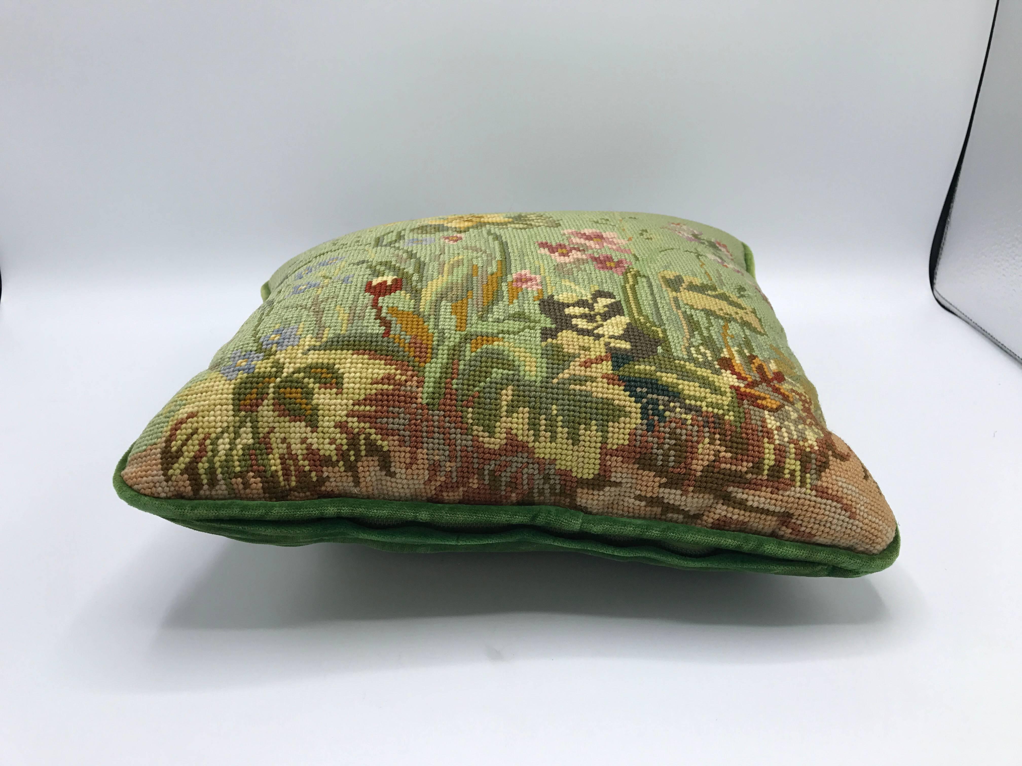 20th Century 1950s Green Needlepoint Pillow with Floral Motif