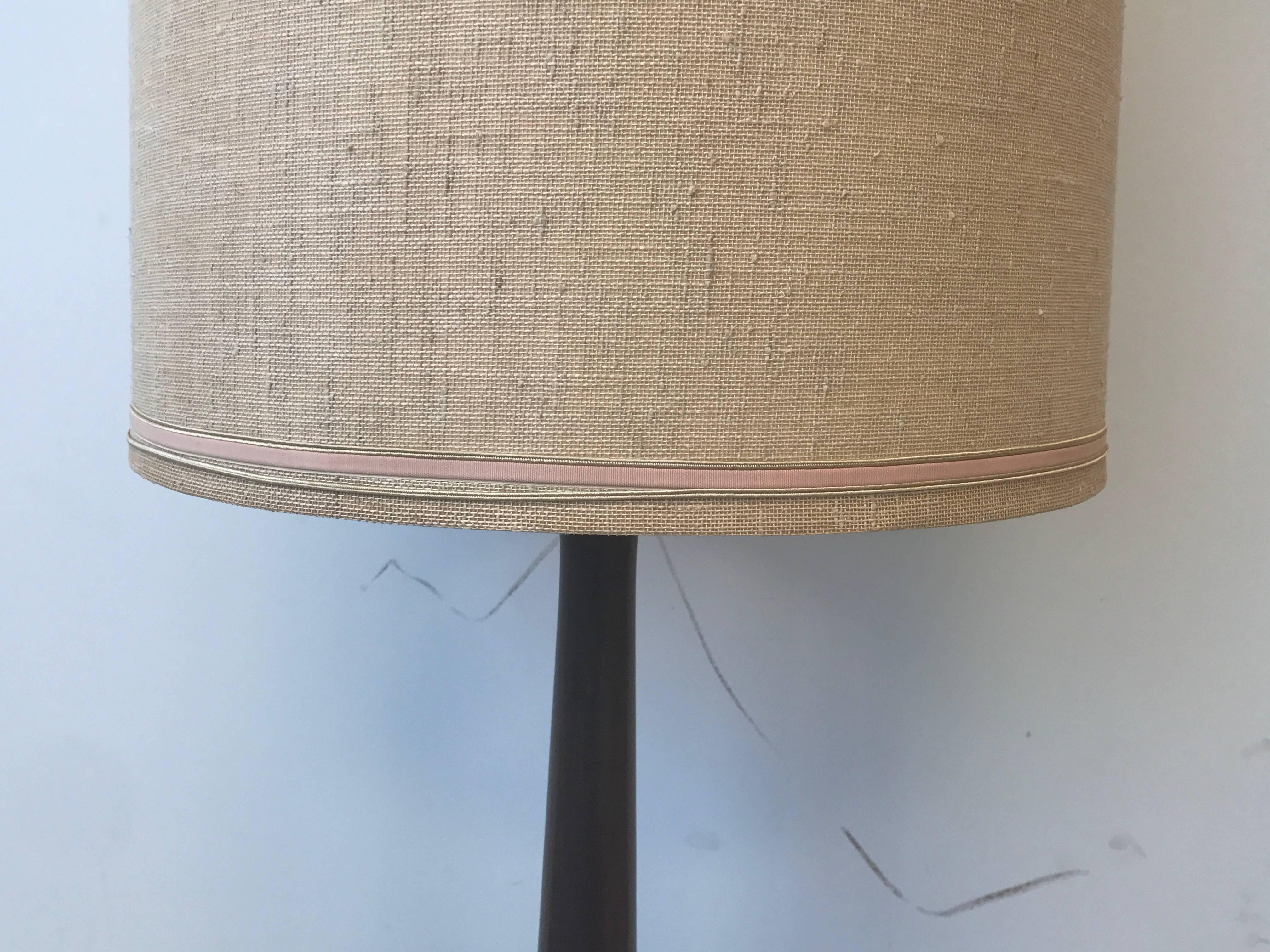 Mid-Century Modern 1960s, Large Wood and Faux Leather Lamp with Burlap Linen Shade