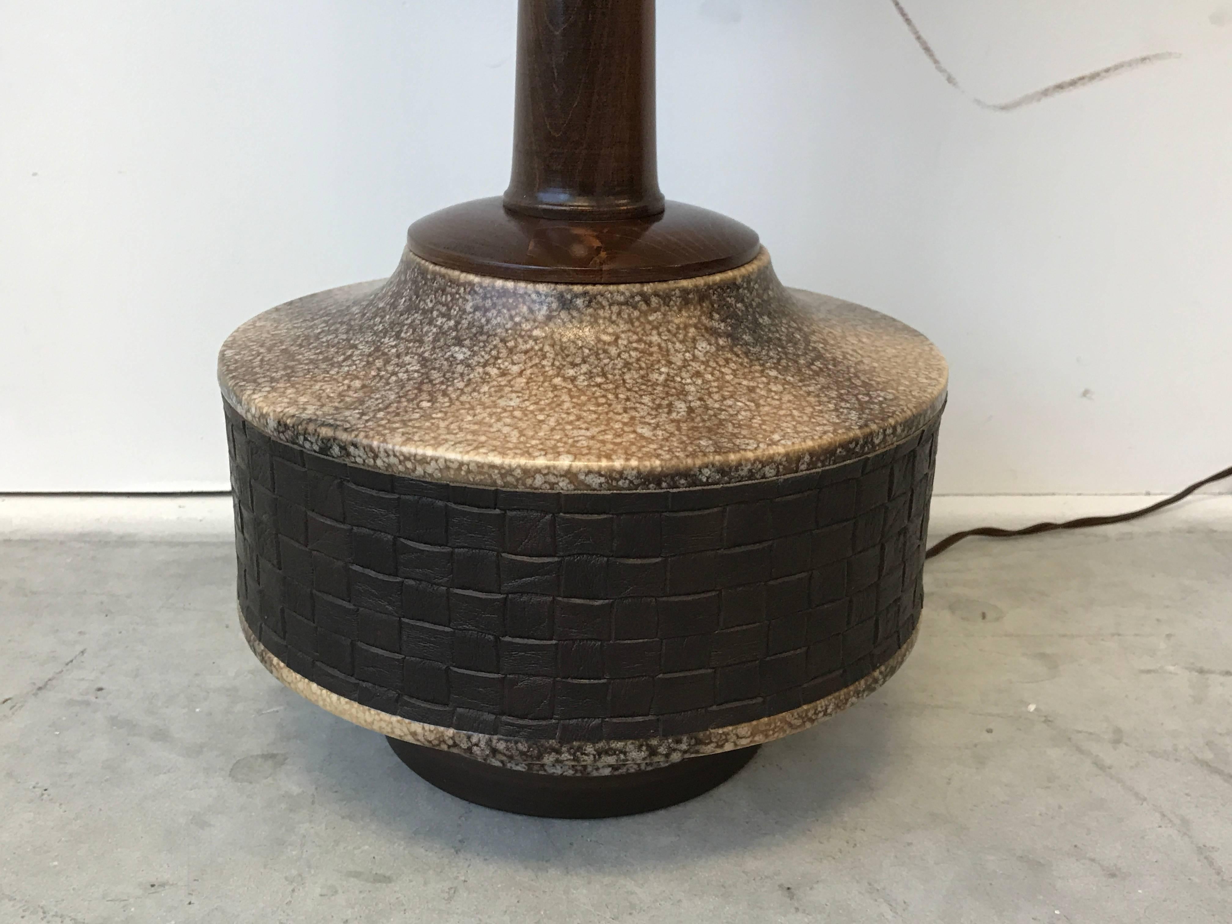 20th Century 1960s, Large Wood and Faux Leather Lamp with Burlap Linen Shade