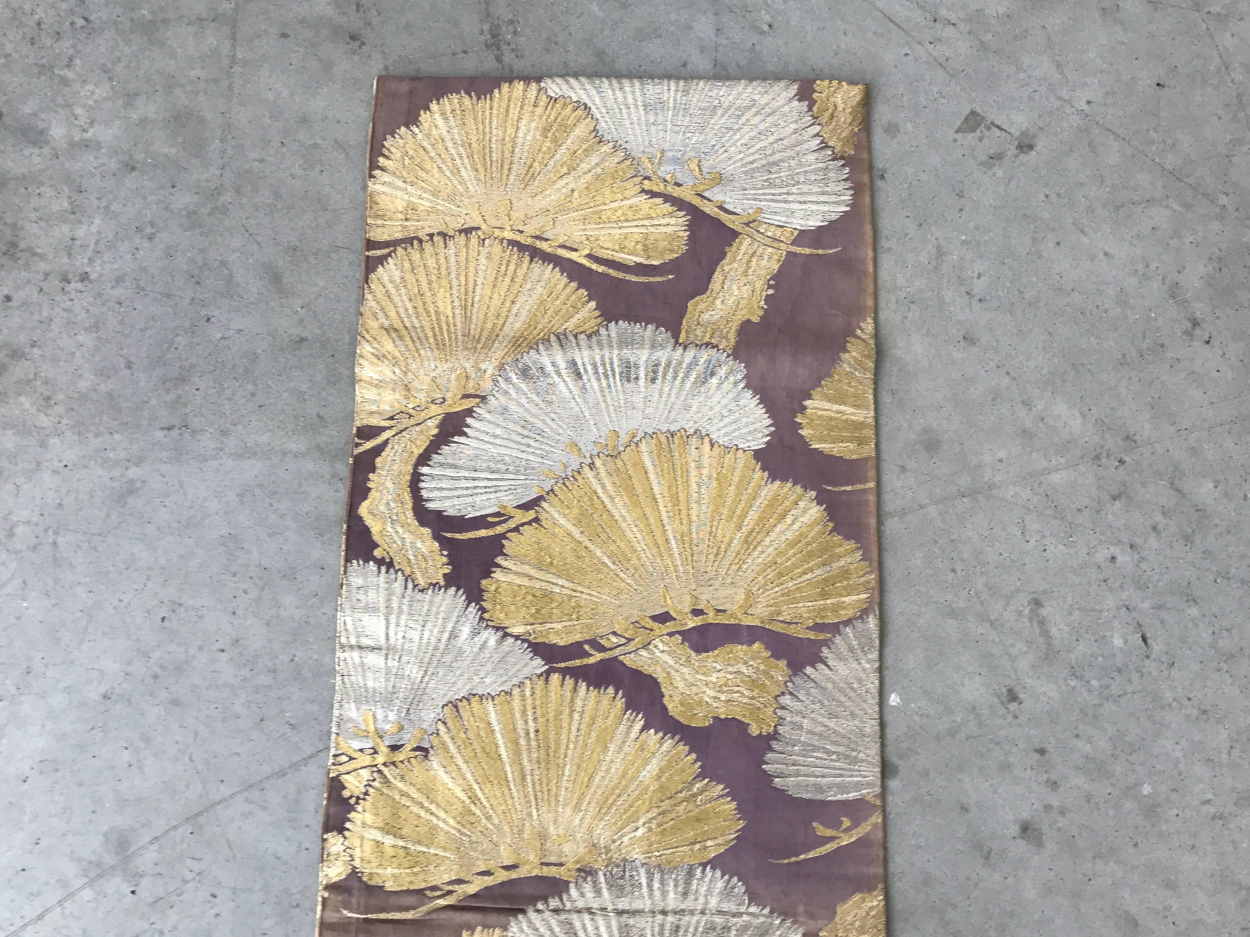 20th Century 1960s Purple Japanese Obi Table Runner with a Silver and Gold Ginkgo Leaf Motif
