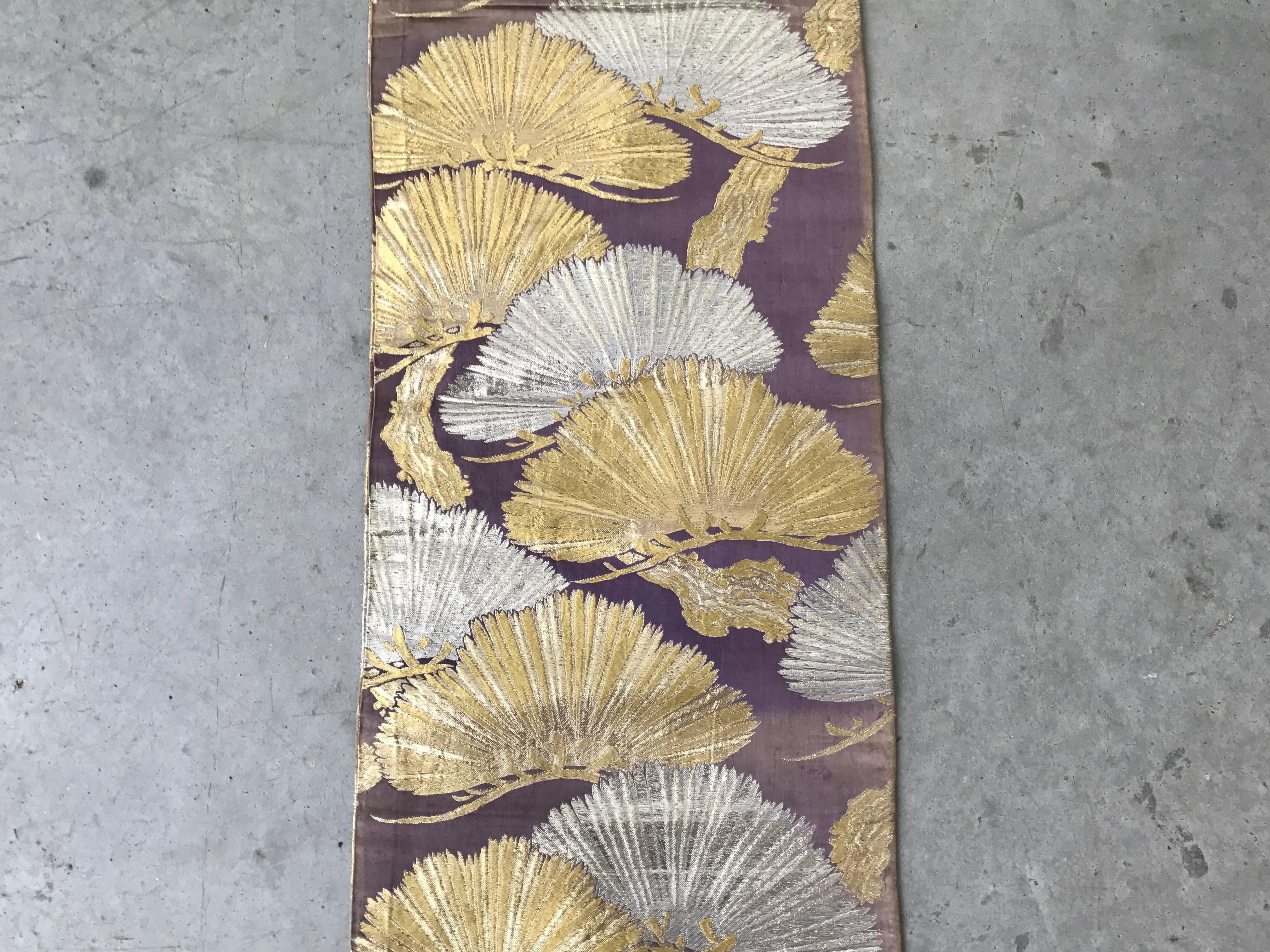 Fabric 1960s Purple Japanese Obi Table Runner with a Silver and Gold Ginkgo Leaf Motif