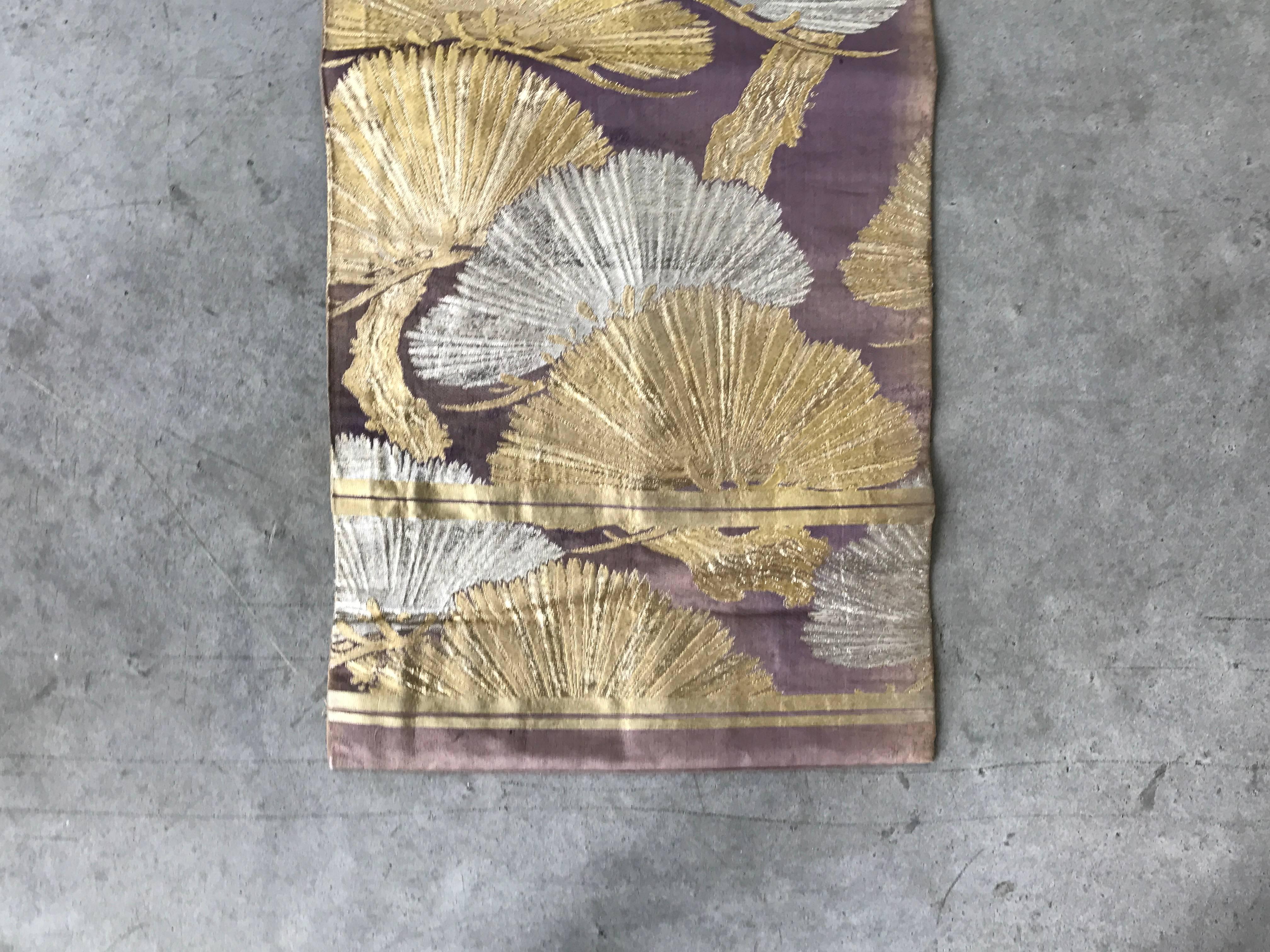 1960s Purple Japanese Obi Table Runner with a Silver and Gold Ginkgo Leaf Motif 1
