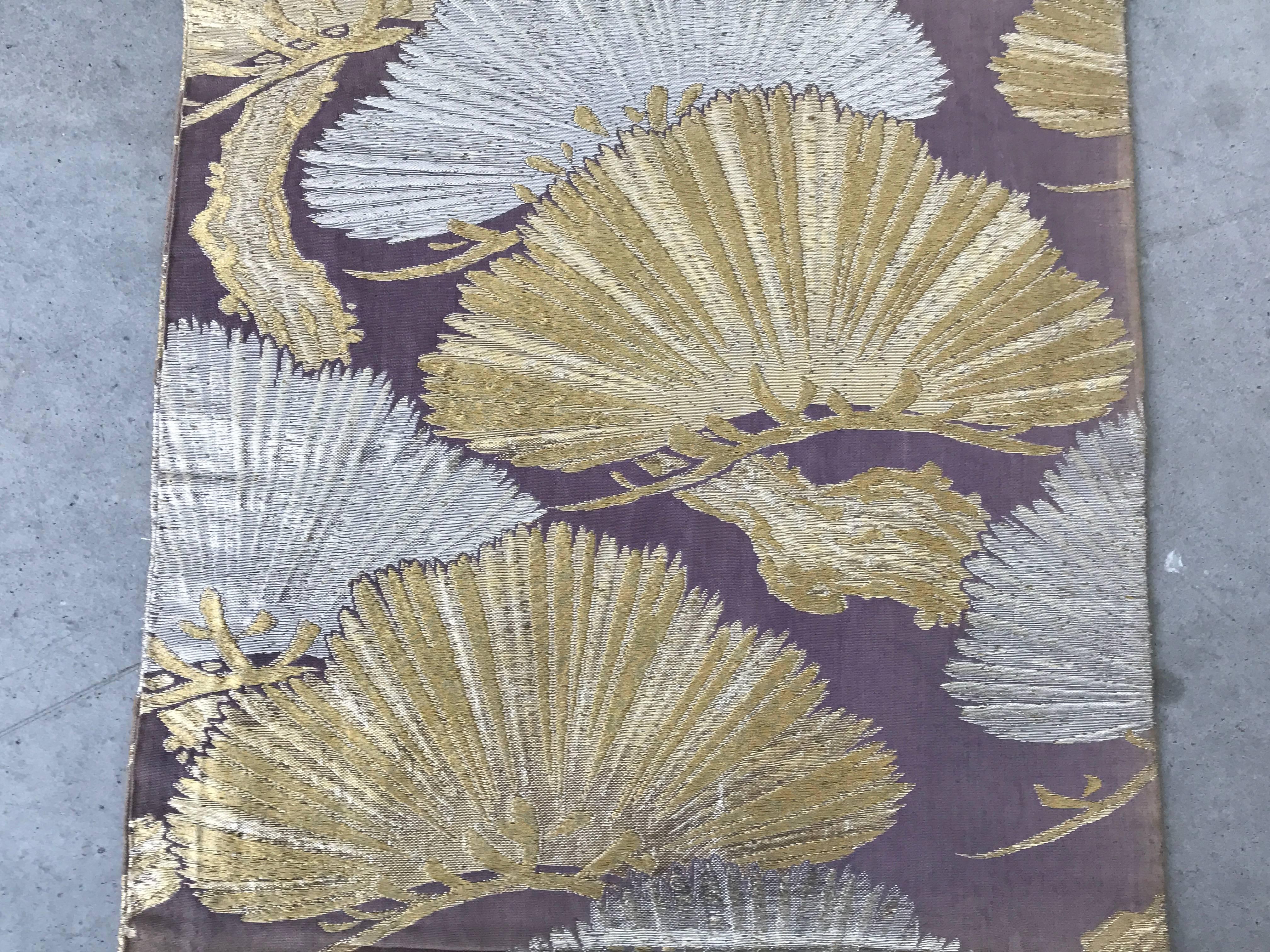 1960s Purple Japanese Obi Table Runner with a Silver and Gold Ginkgo Leaf Motif 2