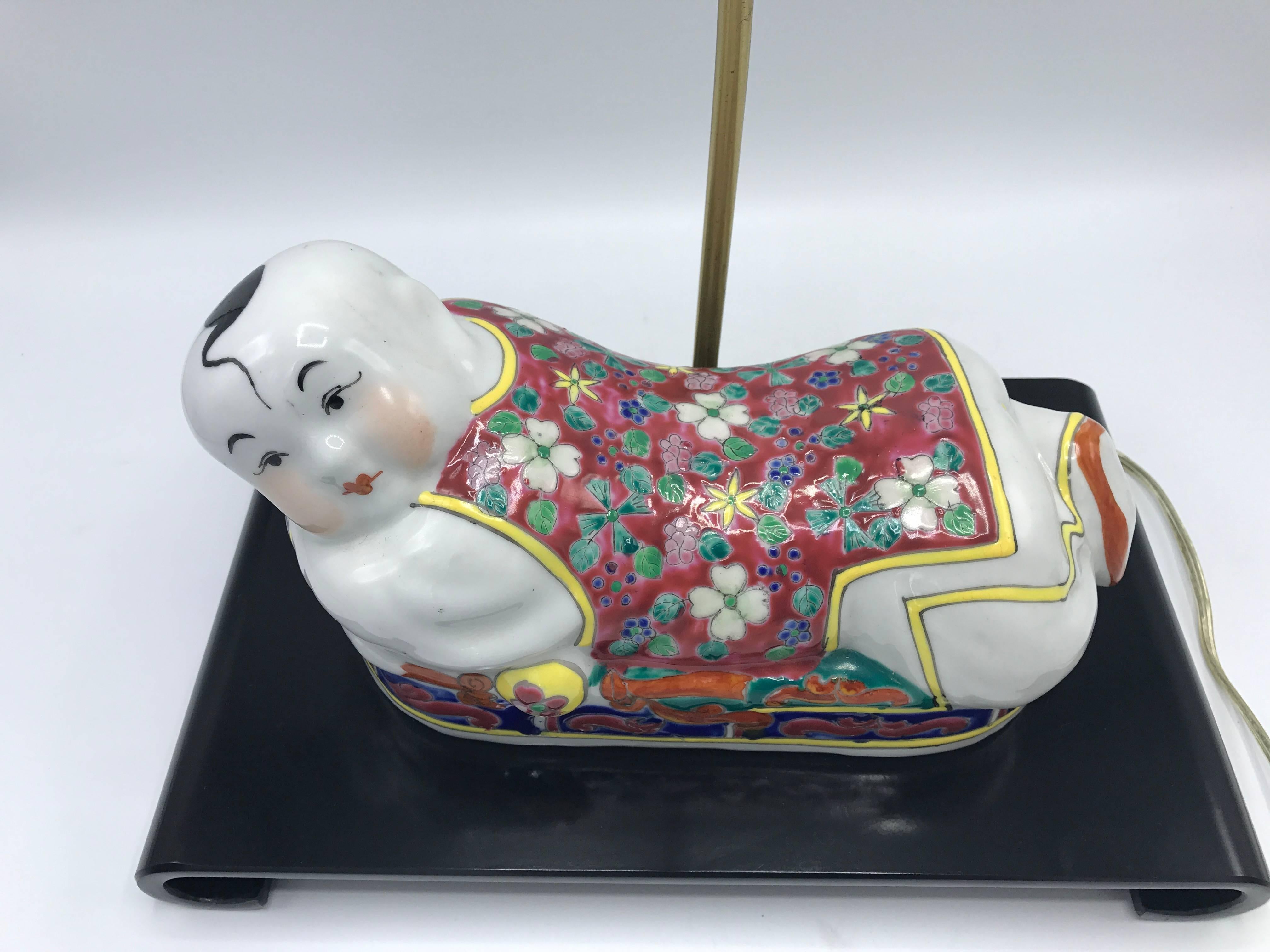 Chinoiserie 1970s Chinese Polychrome Ceramic Opium Figural Pillow Lamp