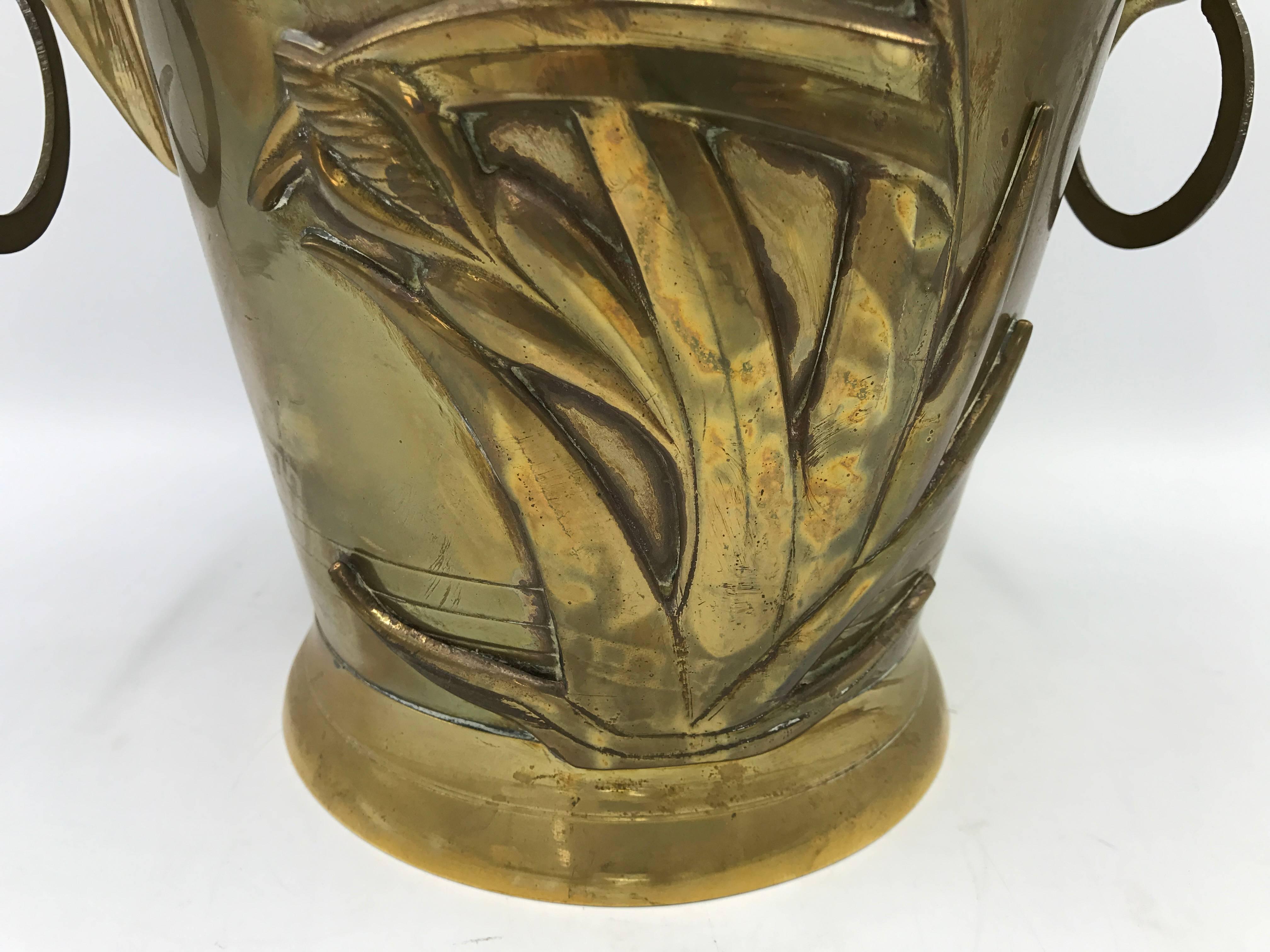 1970s Brass Waste Basket with Tulip Floral Motif and Handles In Excellent Condition In Richmond, VA