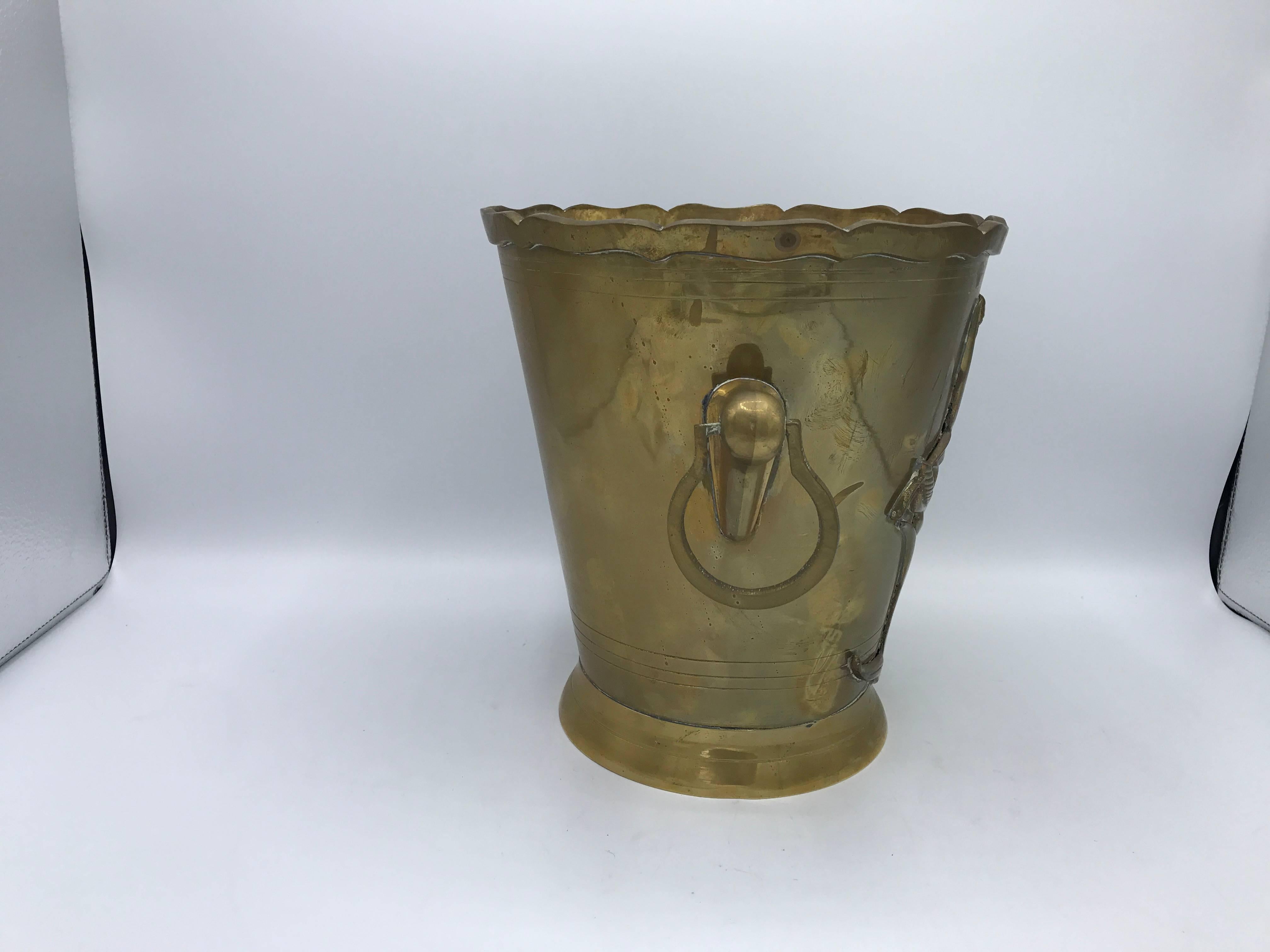 20th Century 1970s Brass Waste Basket with Tulip Floral Motif and Handles