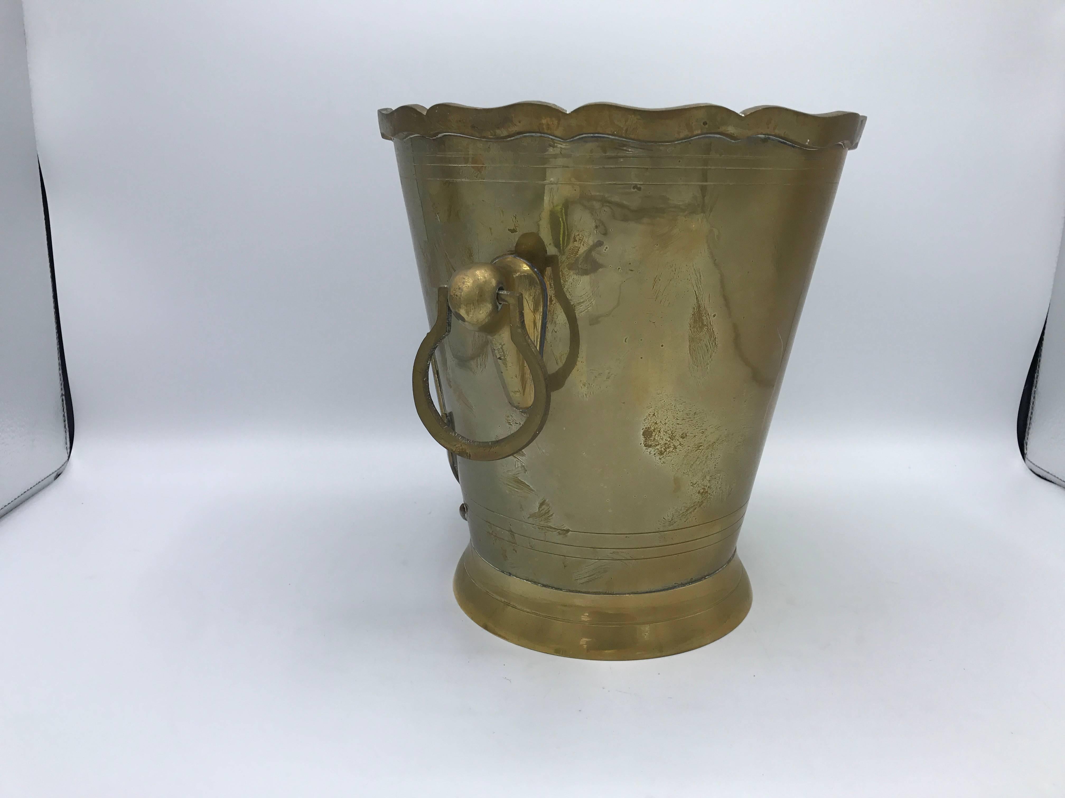 1970s Brass Waste Basket with Tulip Floral Motif and Handles 3