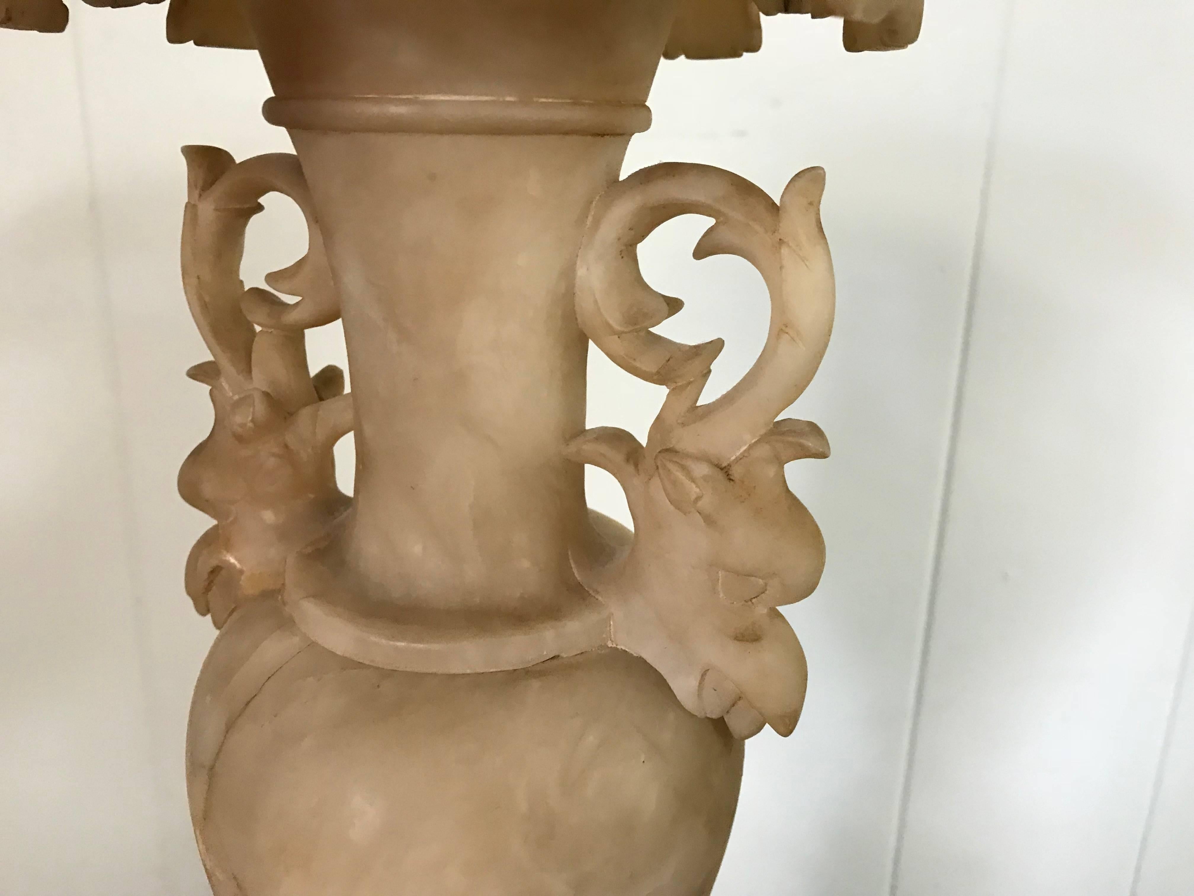 19th Century Italian Alabaster Urn with Hand-Carved Floral and Dragon Motif 1