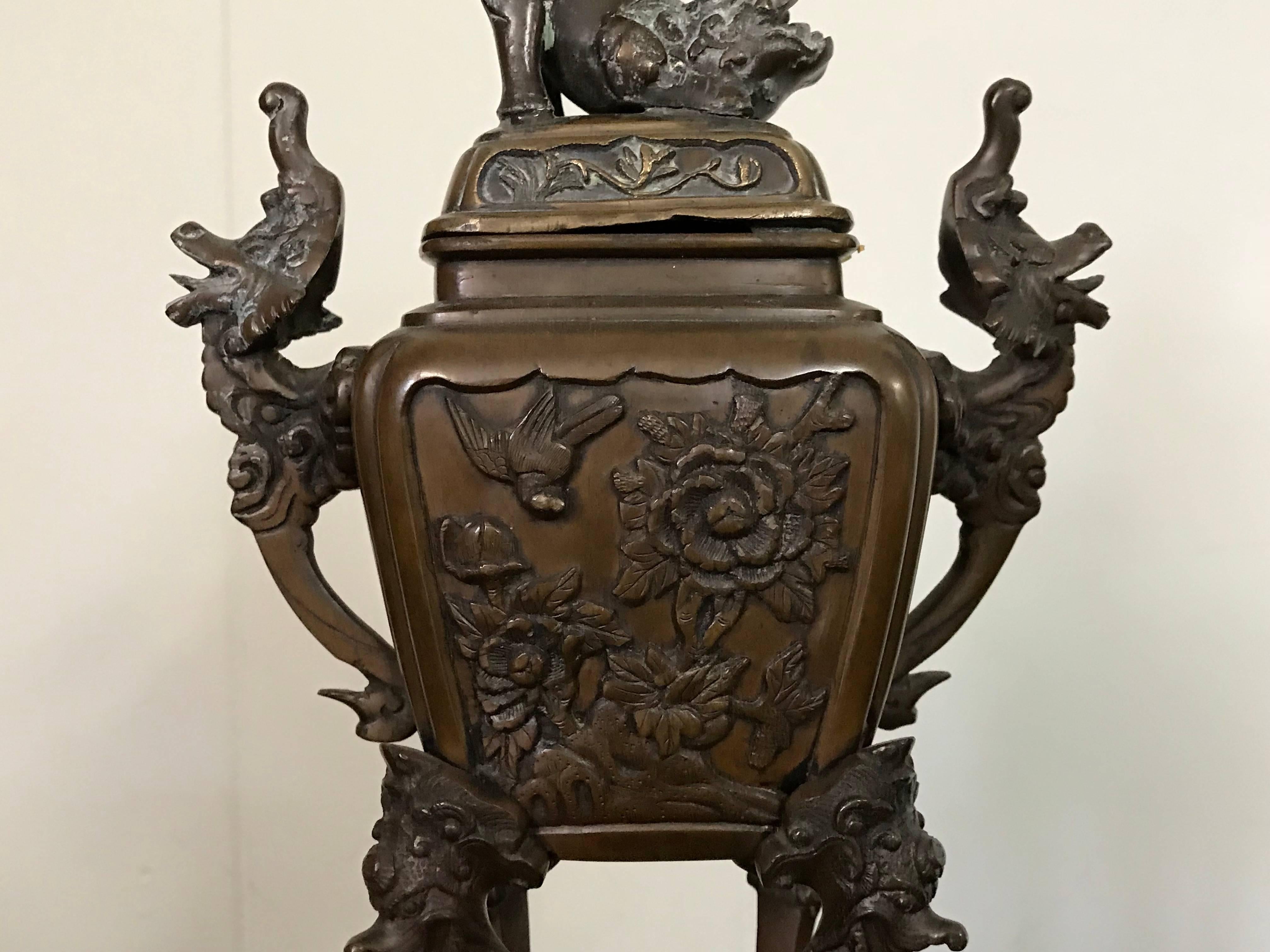 Chinese Export 19th Century Bronze Asian Urn Censor with Foo Dog and Elephant Motif
