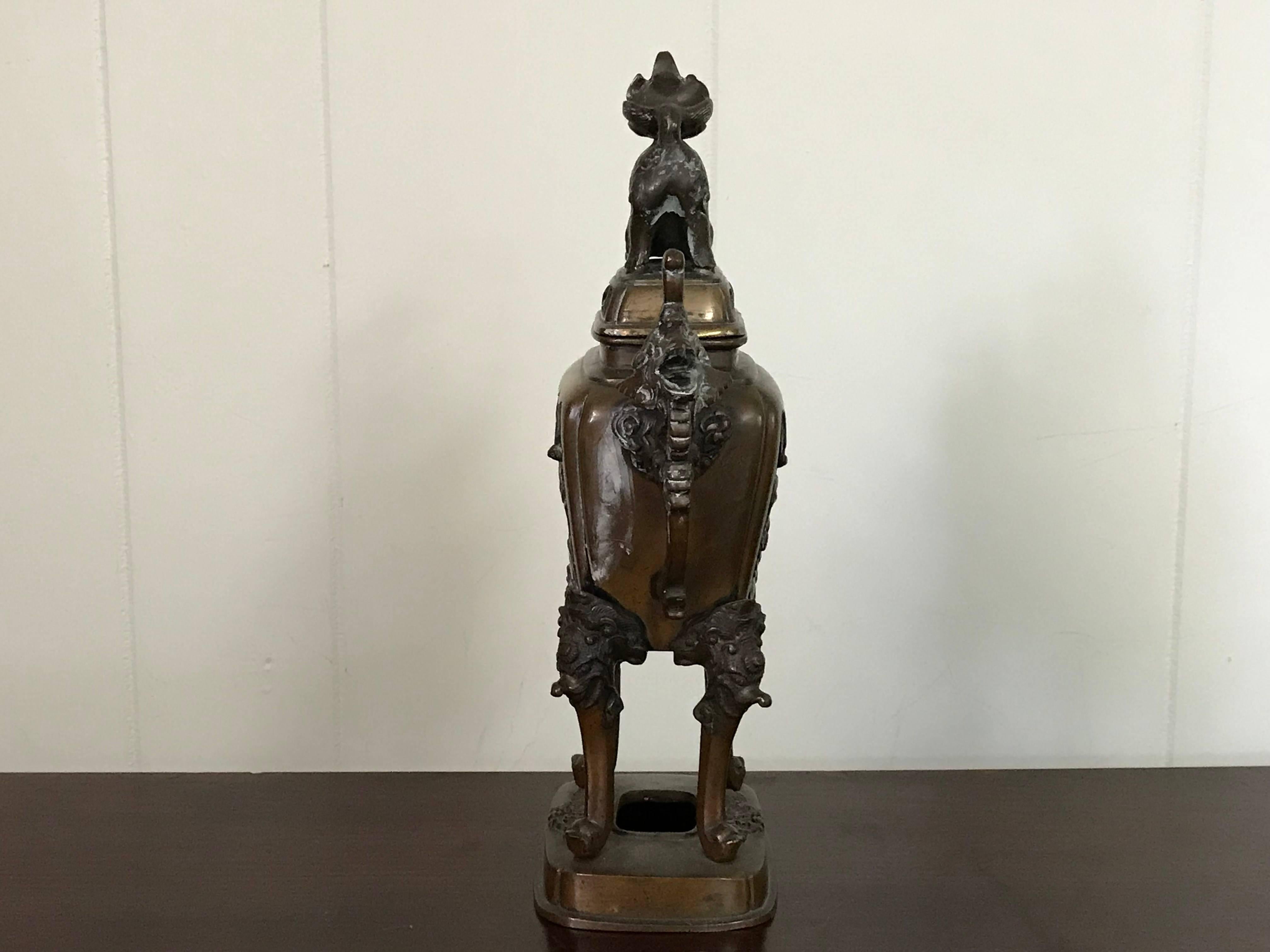 19th Century Bronze Asian Urn Censor with Foo Dog and Elephant Motif 1