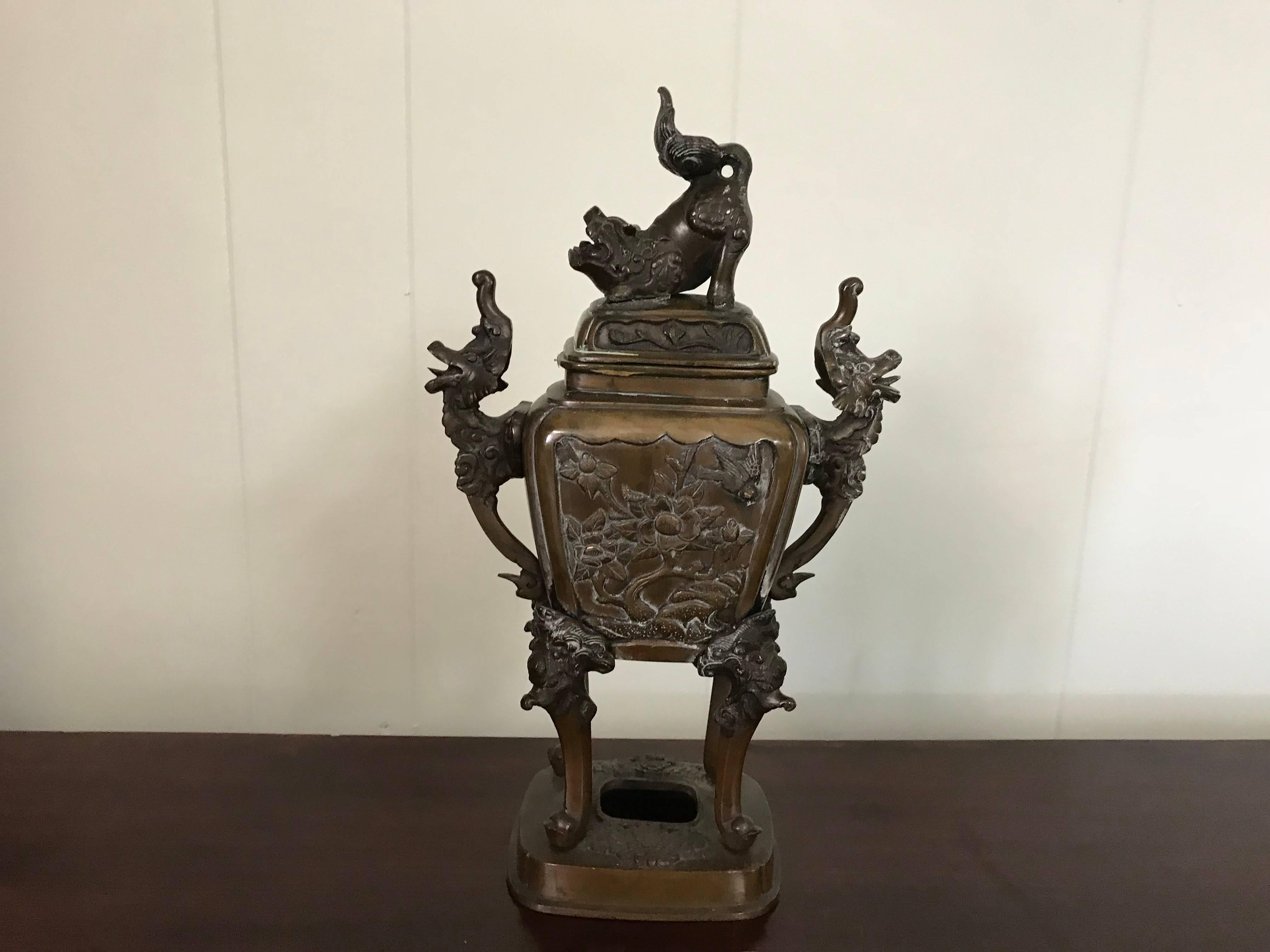 19th Century Bronze Asian Urn Censor with Foo Dog and Elephant Motif 2