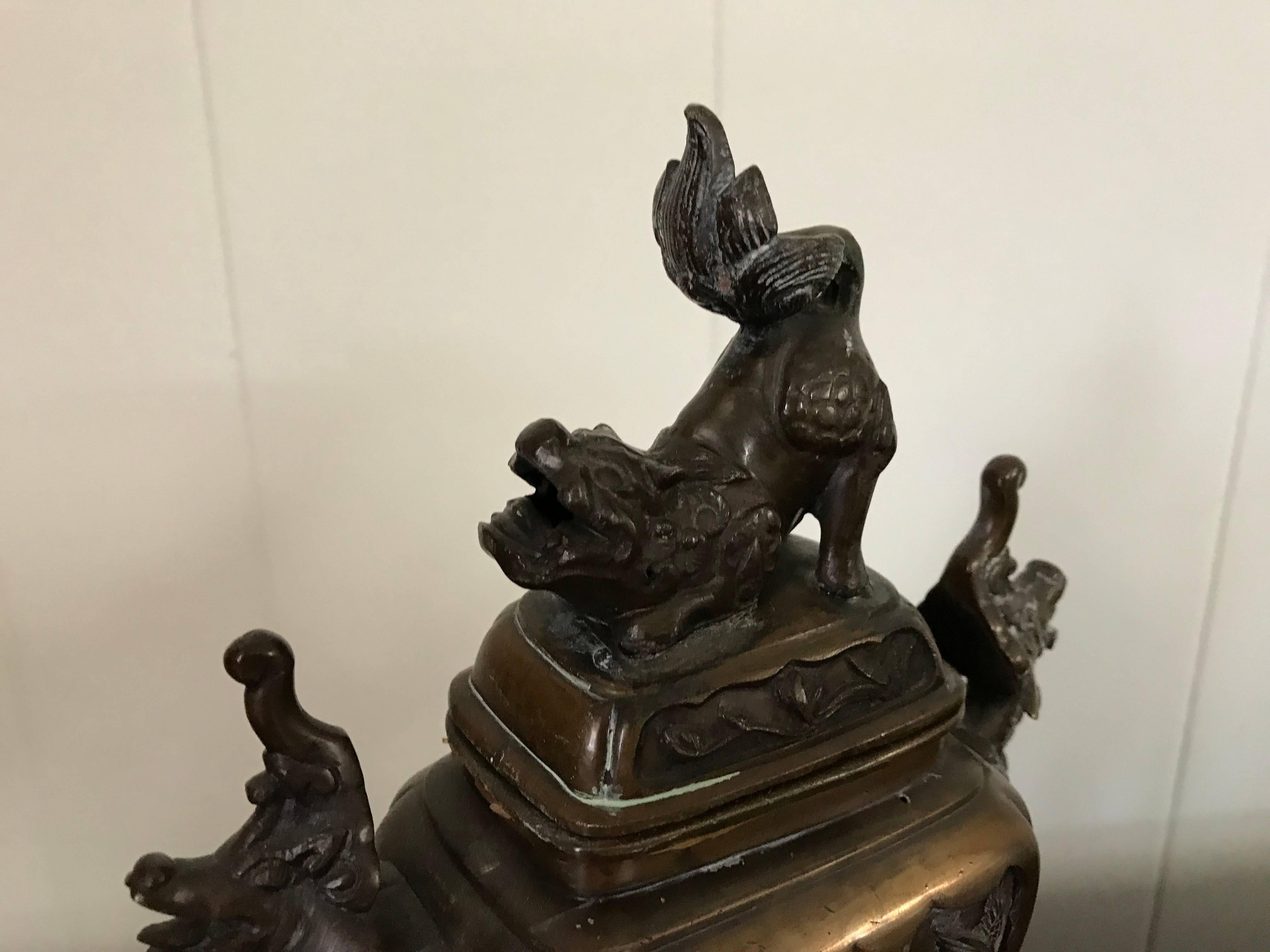 19th Century Bronze Asian Urn Censor with Foo Dog and Elephant Motif 3