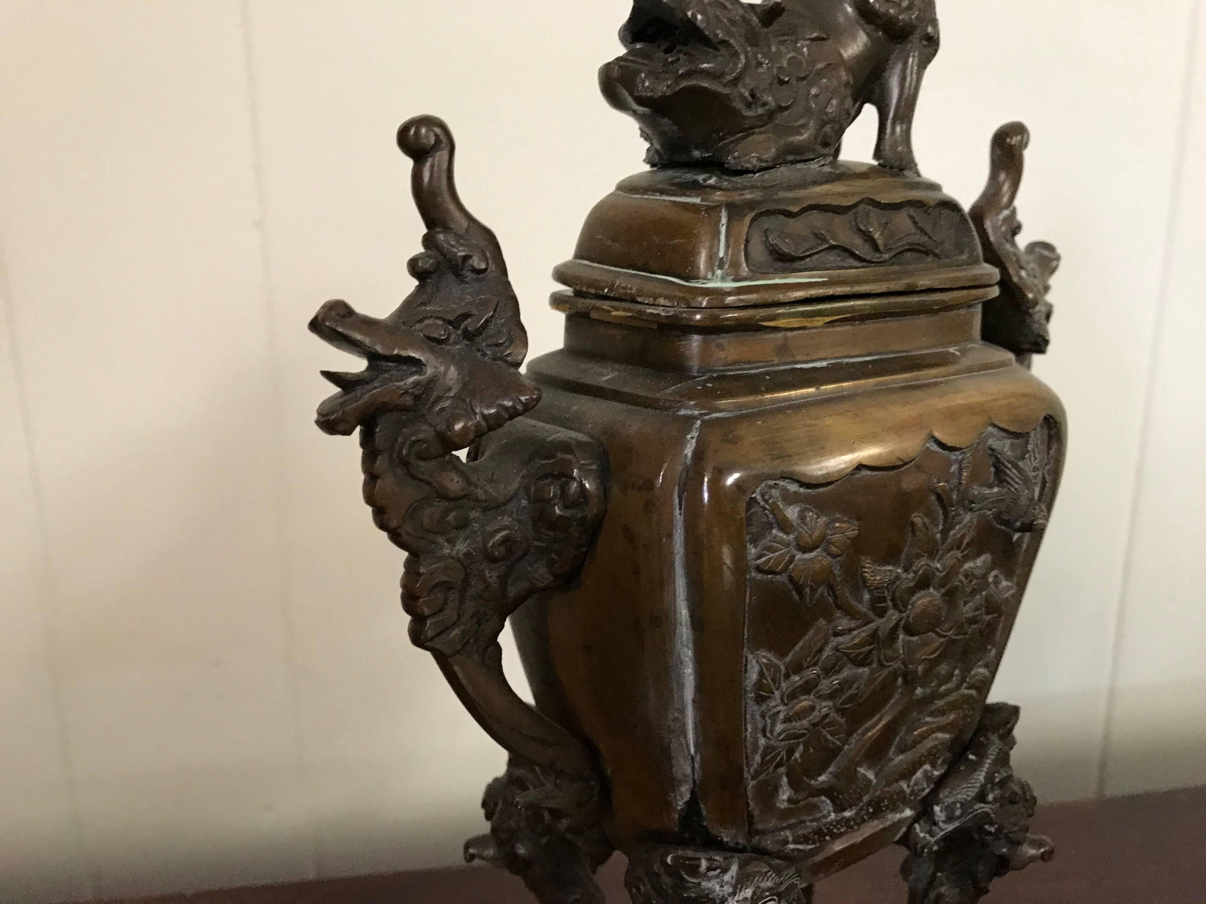 19th Century Bronze Asian Urn Censor with Foo Dog and Elephant Motif 4