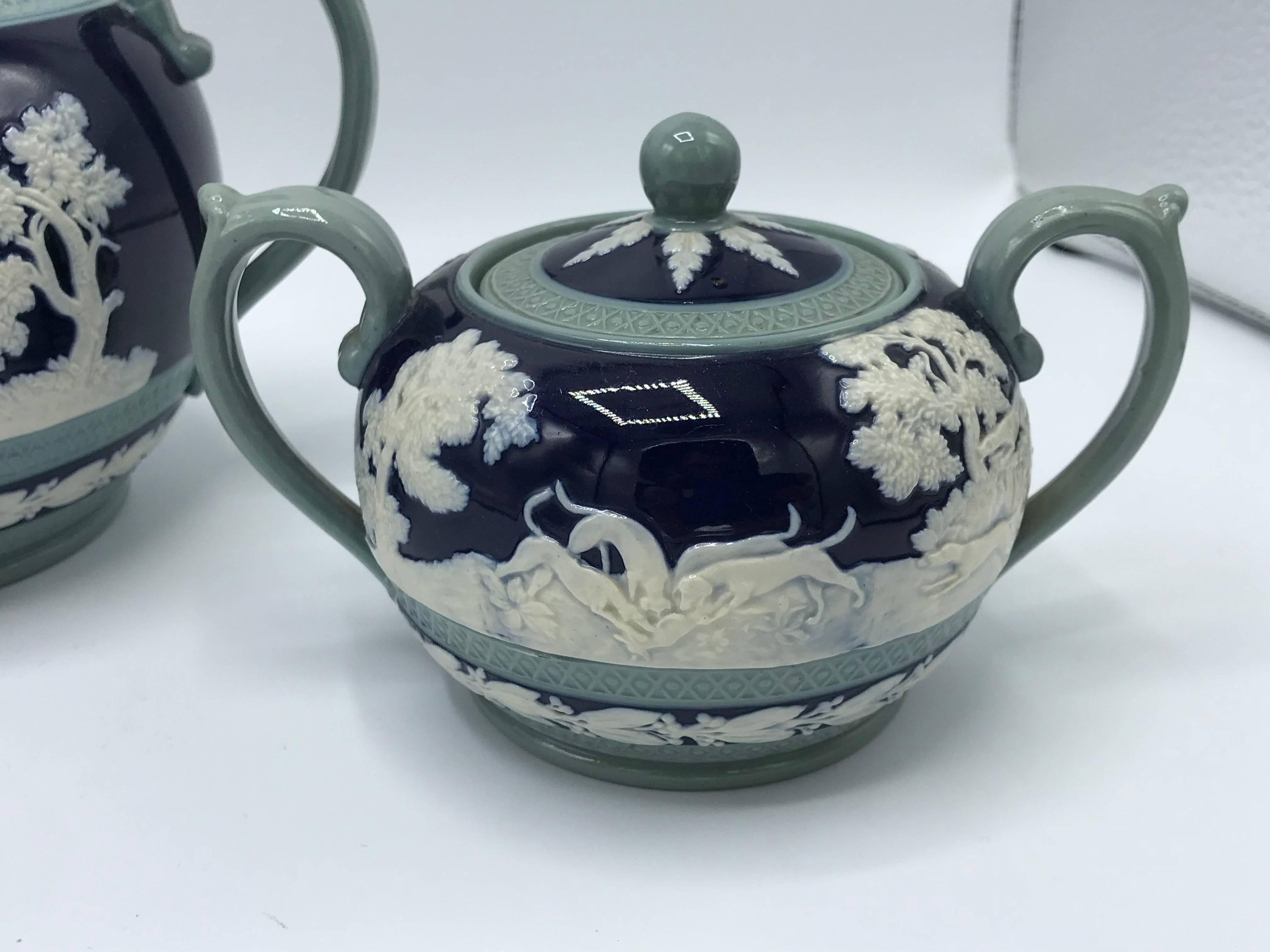 English 19th Century Copeland Spode Cobalt and White Hunting Scene Tea Set, Set of Three